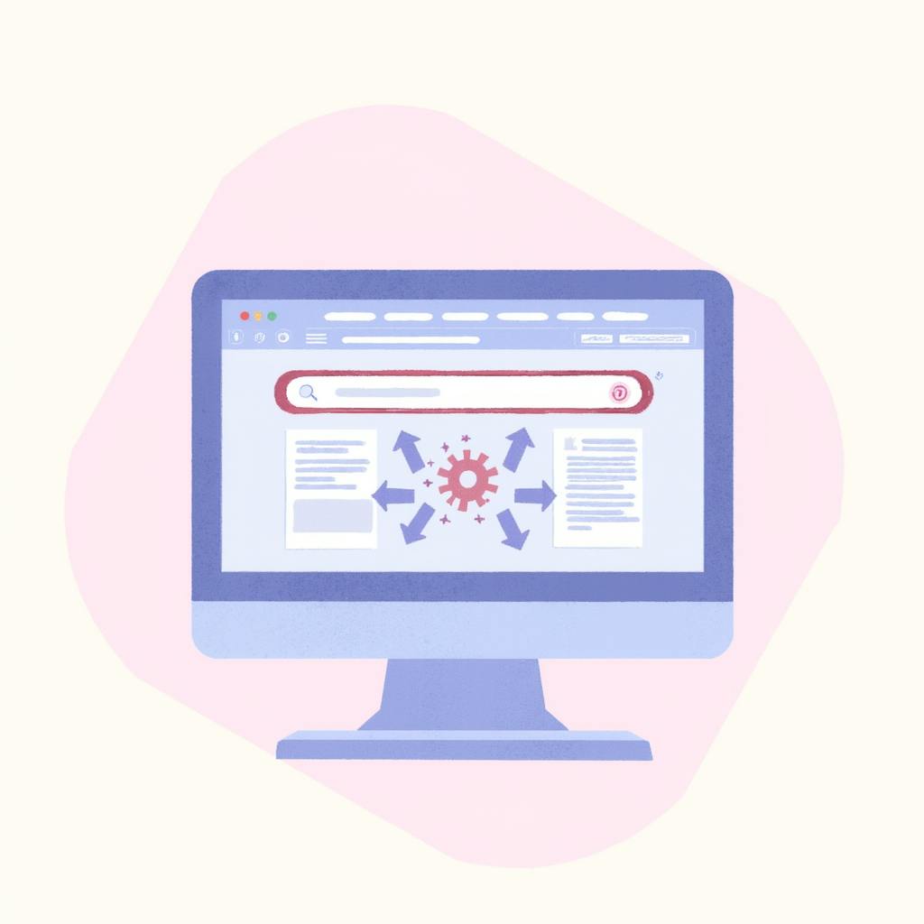 Illustration of a computer screen with a search bar and connected web pages, symbolizing content discovery and strategies in a search engine guide.