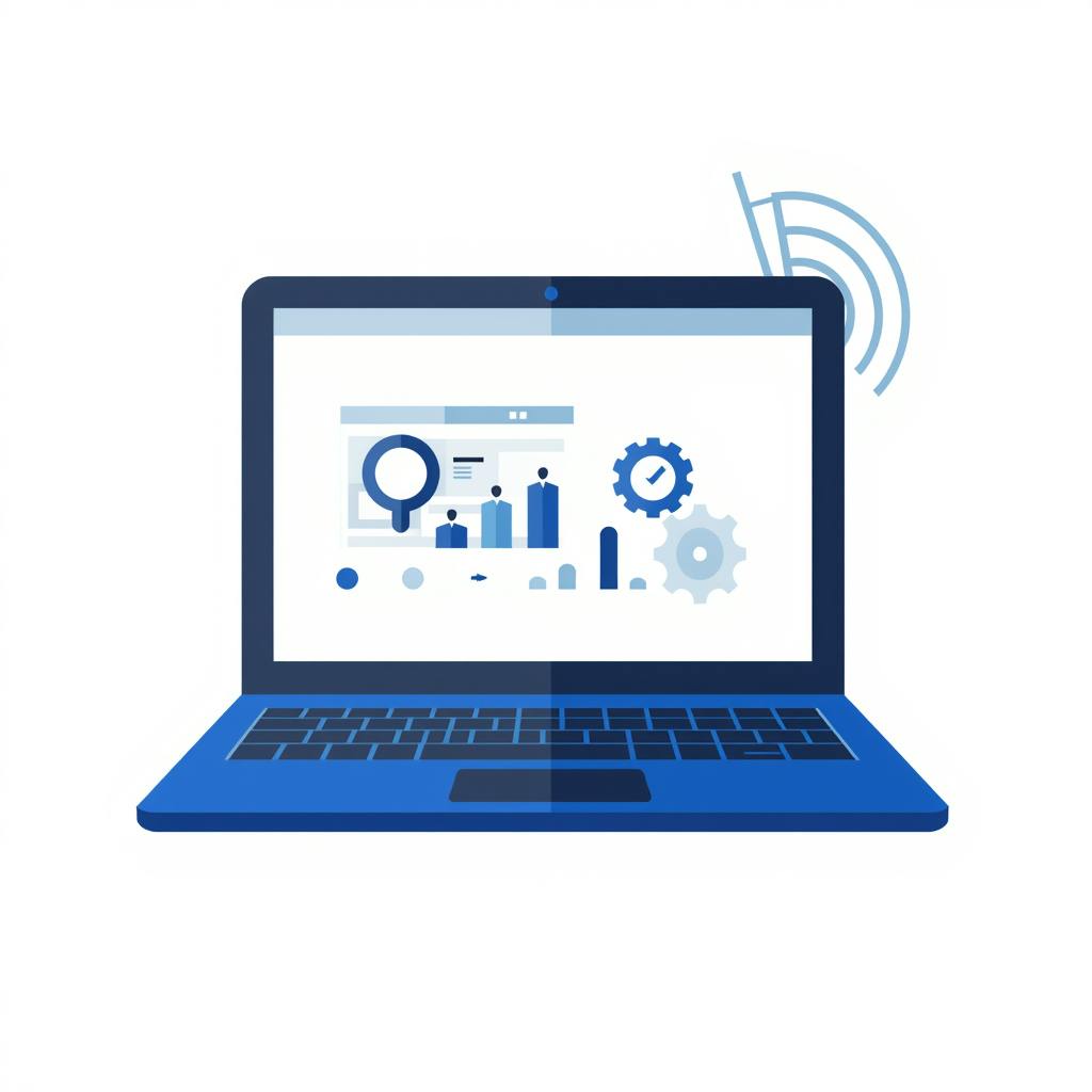 Laptop illustration showing charts, graphs, gears, and search icons, highlighting SEO basics for tracking website analytics and search visibility.