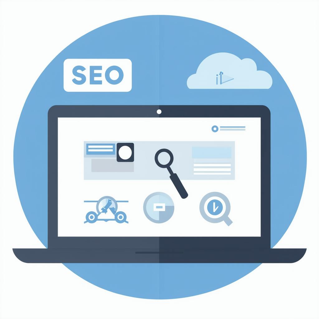 Flat design illustration of a laptop screen with magnifying glass icons, search elements, and a cloud, symbolizing essential SEO basics for search optimization.