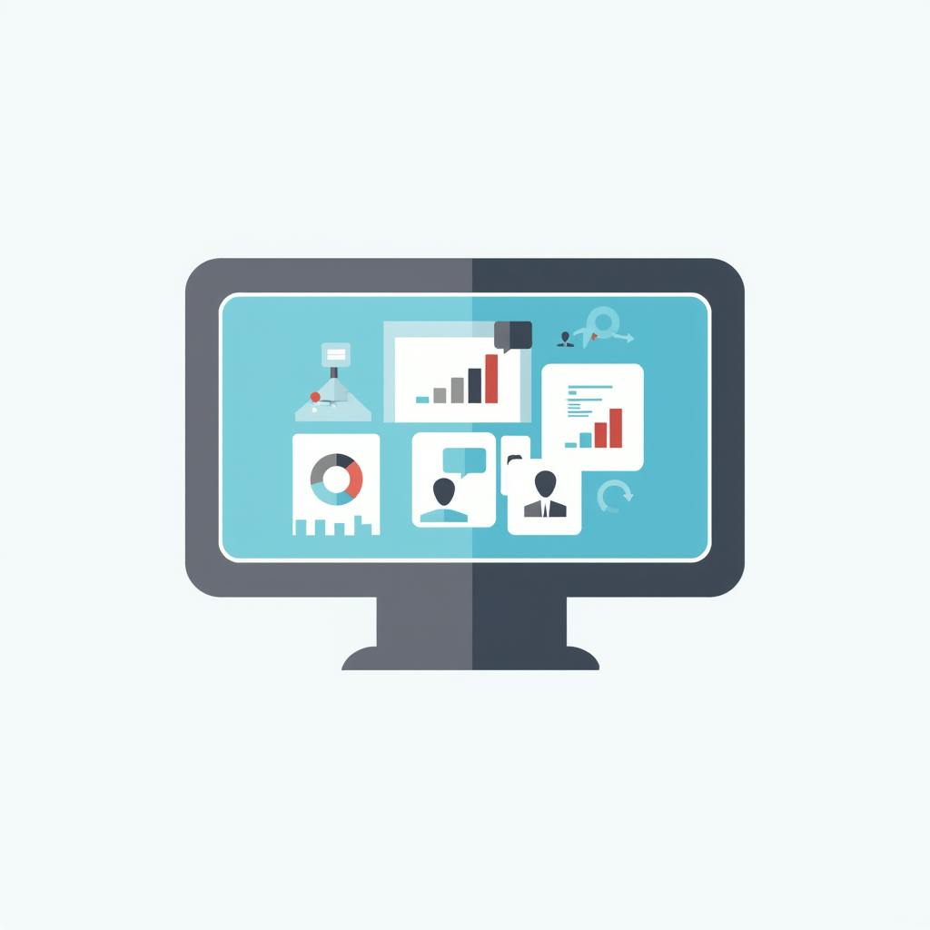 Flat illustration of a computer monitor displaying graphs, charts, and user icons, representing SEO web analytics tools used for tracking website performance.