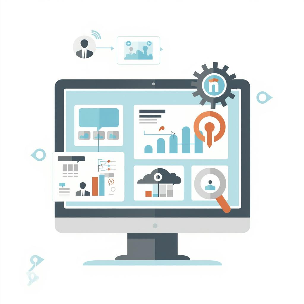Stylized desktop screen with data visualizations, magnifying glass, cloud storage, and gears—highlighting the mechanics of SEO web analytics dashboards.