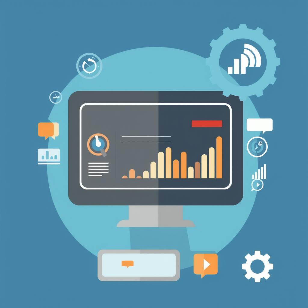 Colorful bar graph interface on a dark computer screen surrounded by digital icons, symbolizing SEO web analytics insights for monitoring online growth.