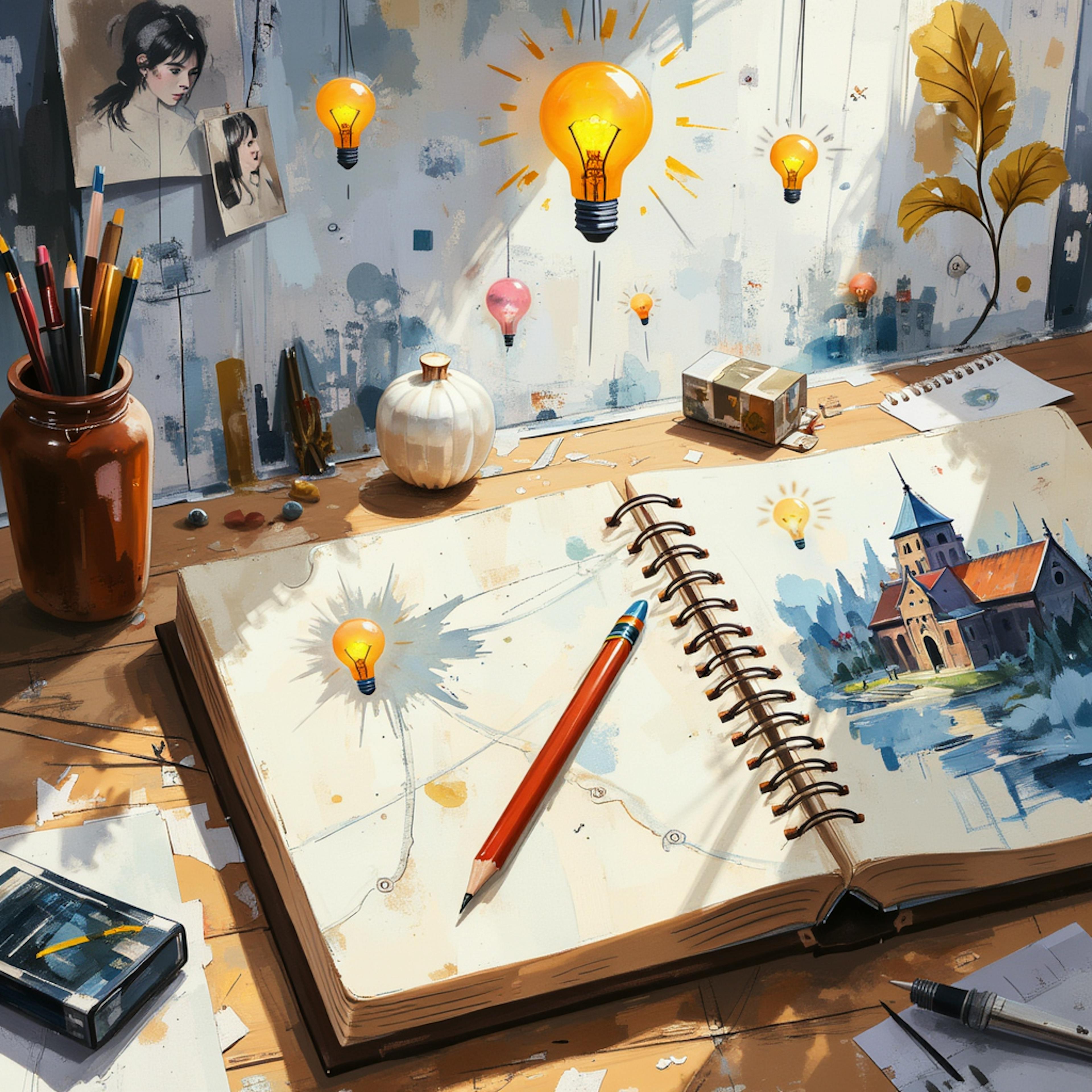 A spiral-bound sketchbook lies open on a cluttered desk, displaying a hand-drawn church scene and several glowing lightbulbs above it, evoking imaginative short story prompts and visual storytelling ideas.