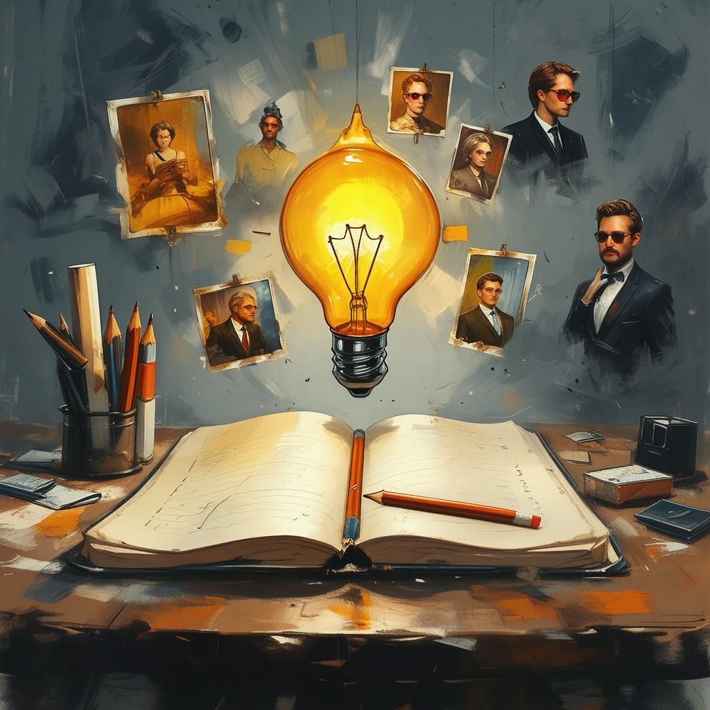 A glowing lightbulb hovers above an open notebook with a red pencil resting inside, surrounded by portraits of various characters on a dark, creative studio wall—symbolizing the inspiration behind short story prompts.