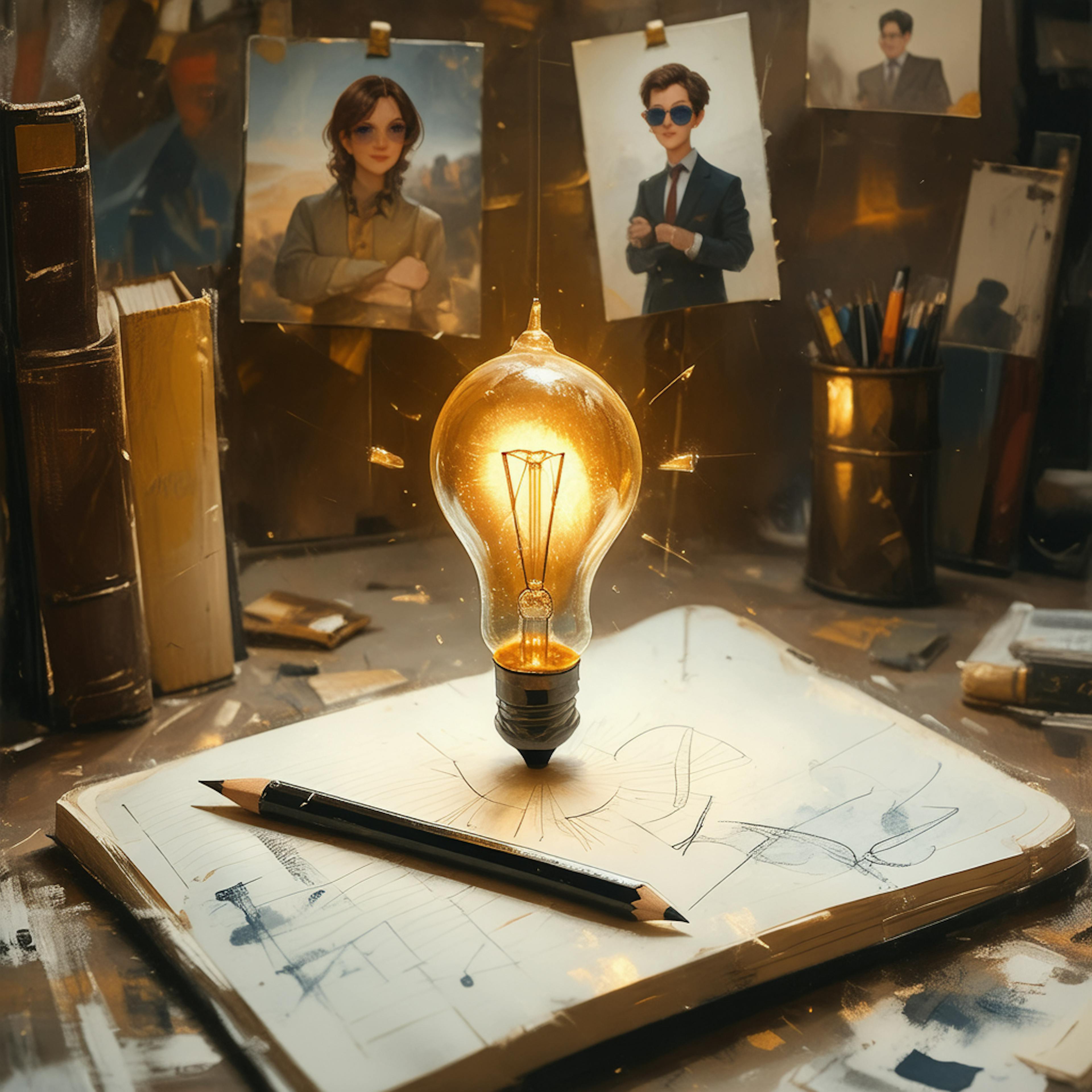 A warm-lit lightbulb floats over a sketchbook with rough character outlines, surrounded by portraits of people in business attire, representing a visual collection of short story prompts based on character development.