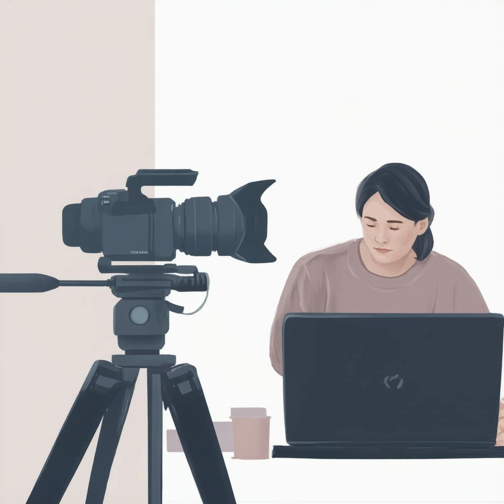 A female video creator seated at a desk with a DSLR camera on a tripod filming her as she works on a laptop, depicting a minimalistic story brand video production environment.