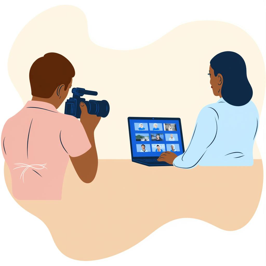 A video production scene featuring a man filming a woman at a laptop displaying multiple headshots, representing remote collaboration in story brand video production.