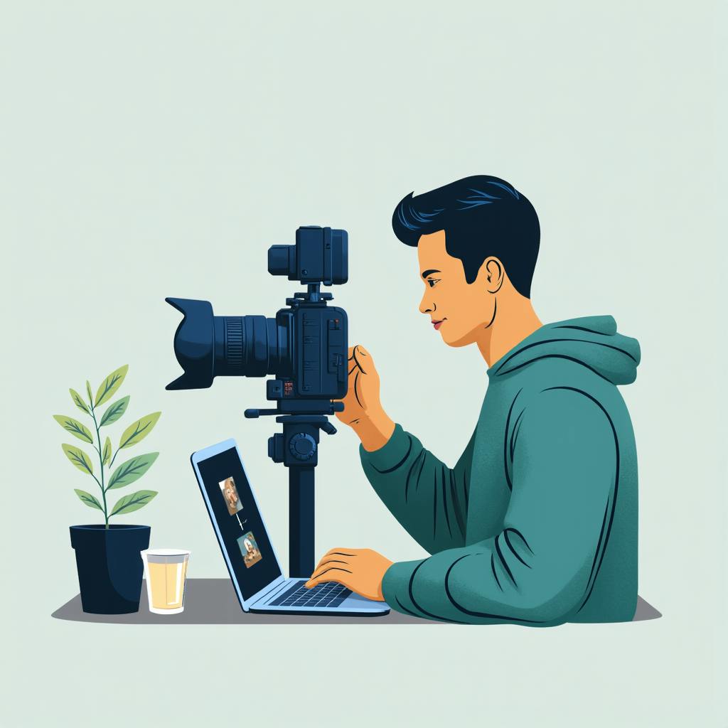 A male videographer in a teal hoodie adjusting a professional camera on a tripod while reviewing footage on a laptop, illustrating story brand video production setup.