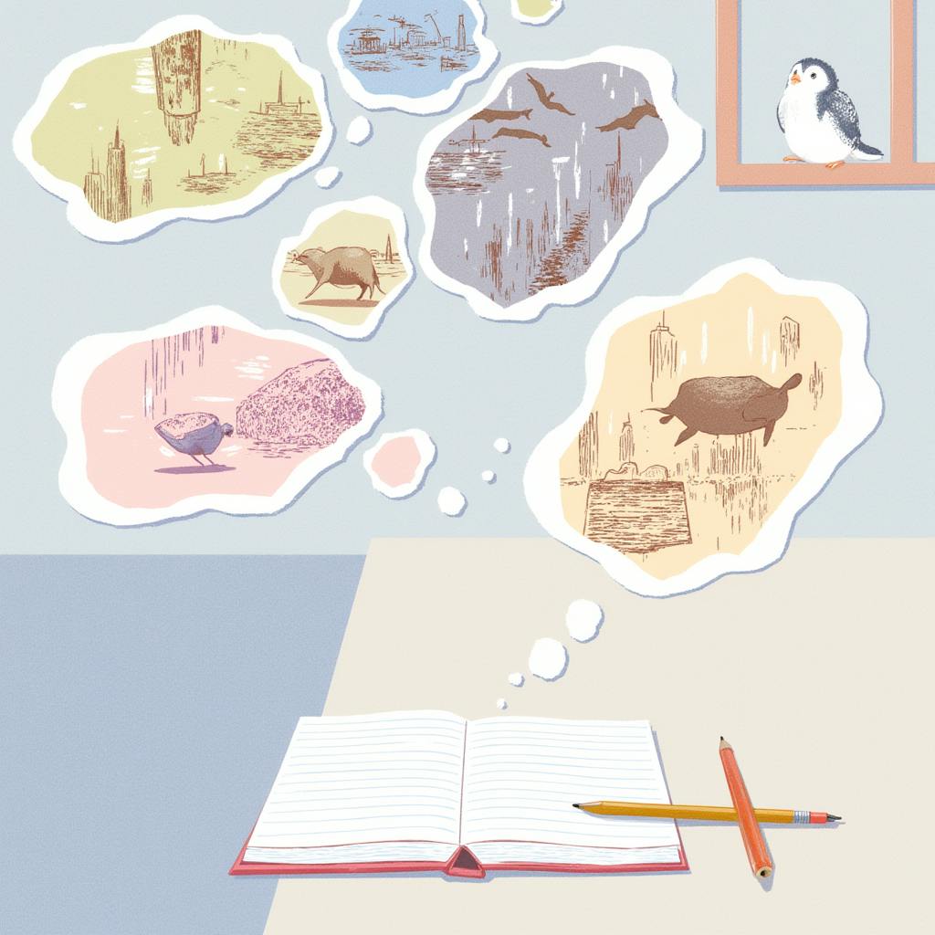 A notebook on a desk surrounded by illustrated thought bubbles filled with wild animals and landscapes, creatively symbolizing nature-inspired story writing prompts.