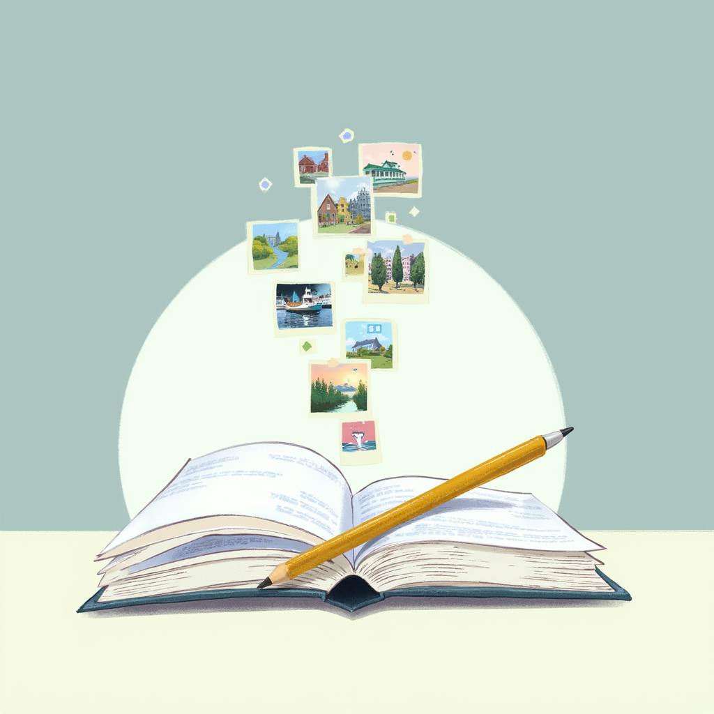 An open book with a pencil resting on its pages, as colorful photo-like images float above it, evoking visual ideas and imaginative story writing prompts.