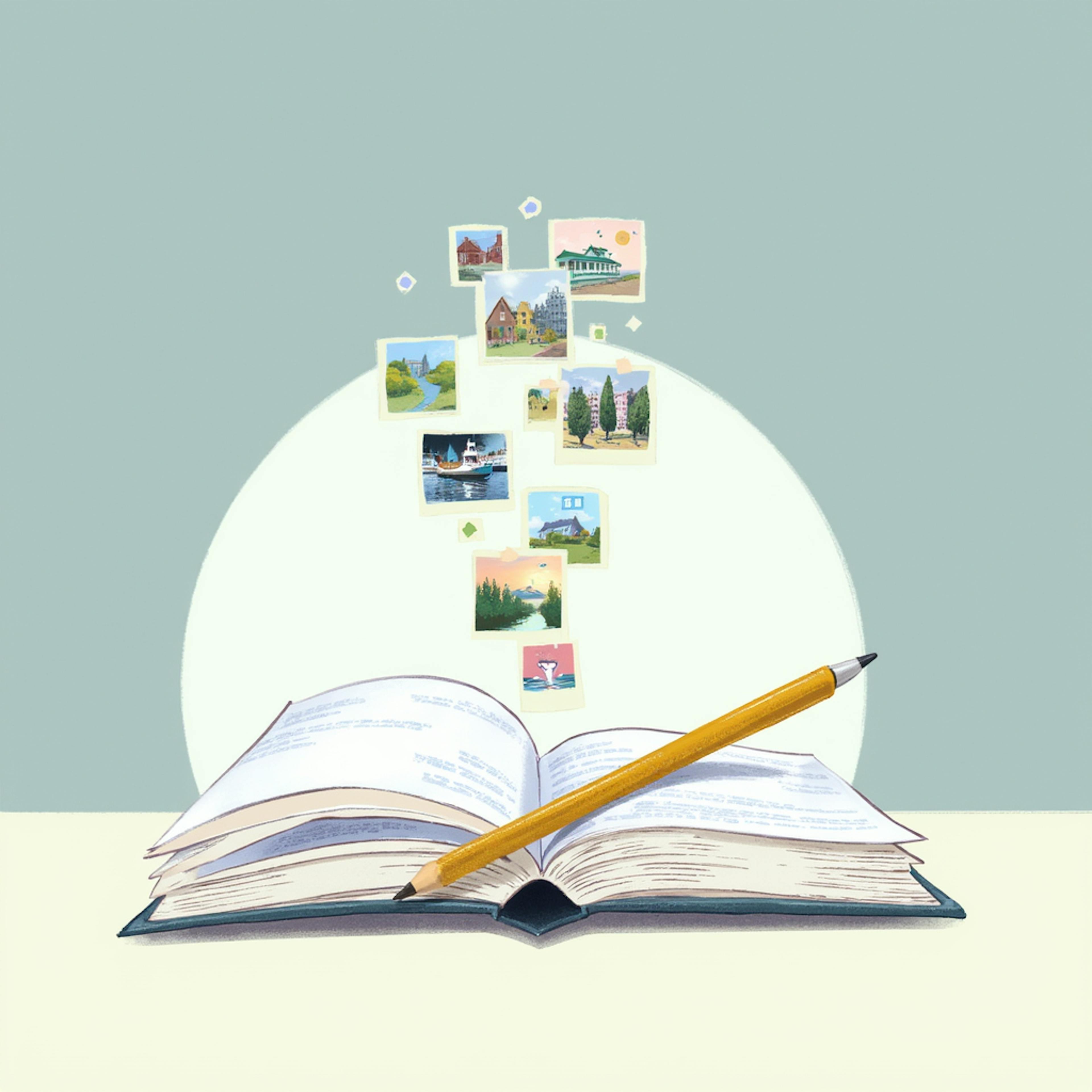 An open book with a pencil resting on its pages, as colorful photo-like images float above it, evoking visual ideas and imaginative story writing prompts.