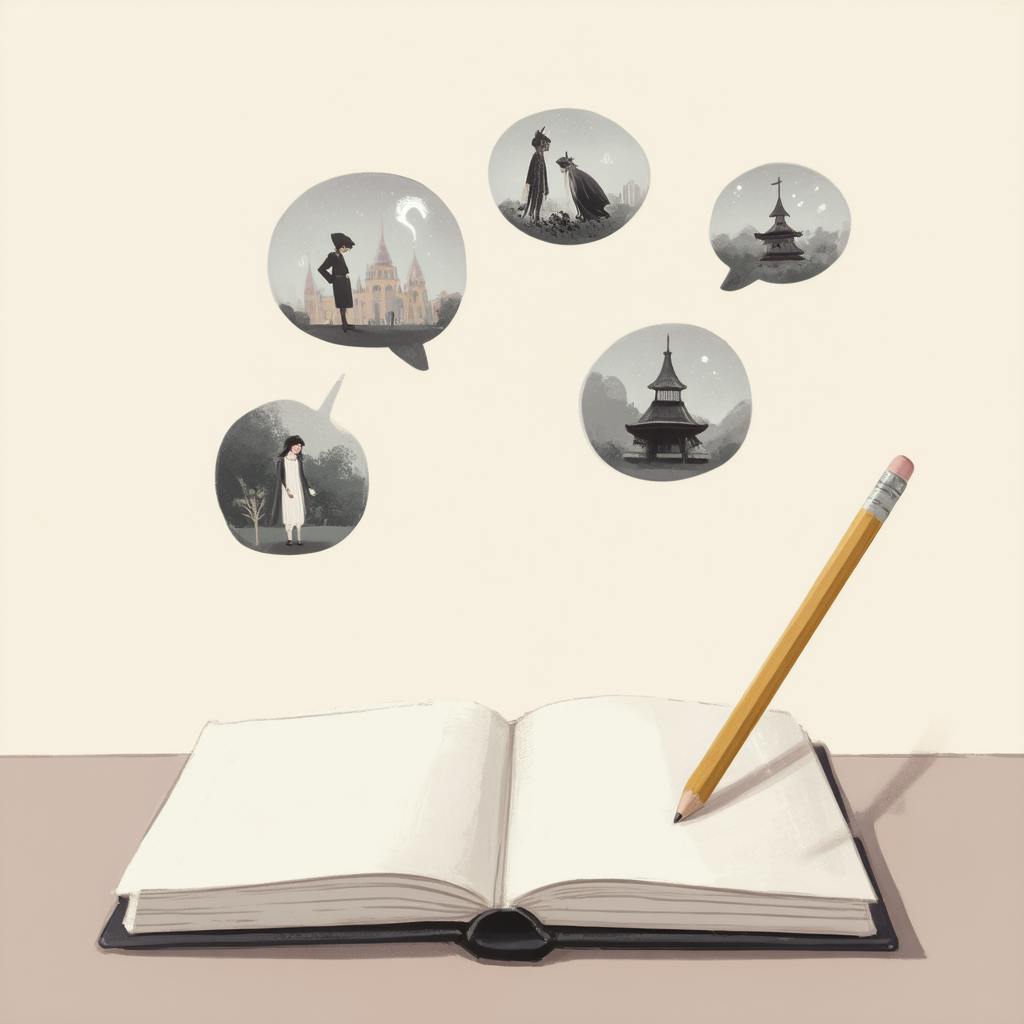 An open book lies on a desk with a pencil hovering above it, while floating speech bubbles display characters and distant locations — a visual metaphor for generating story writing prompts.