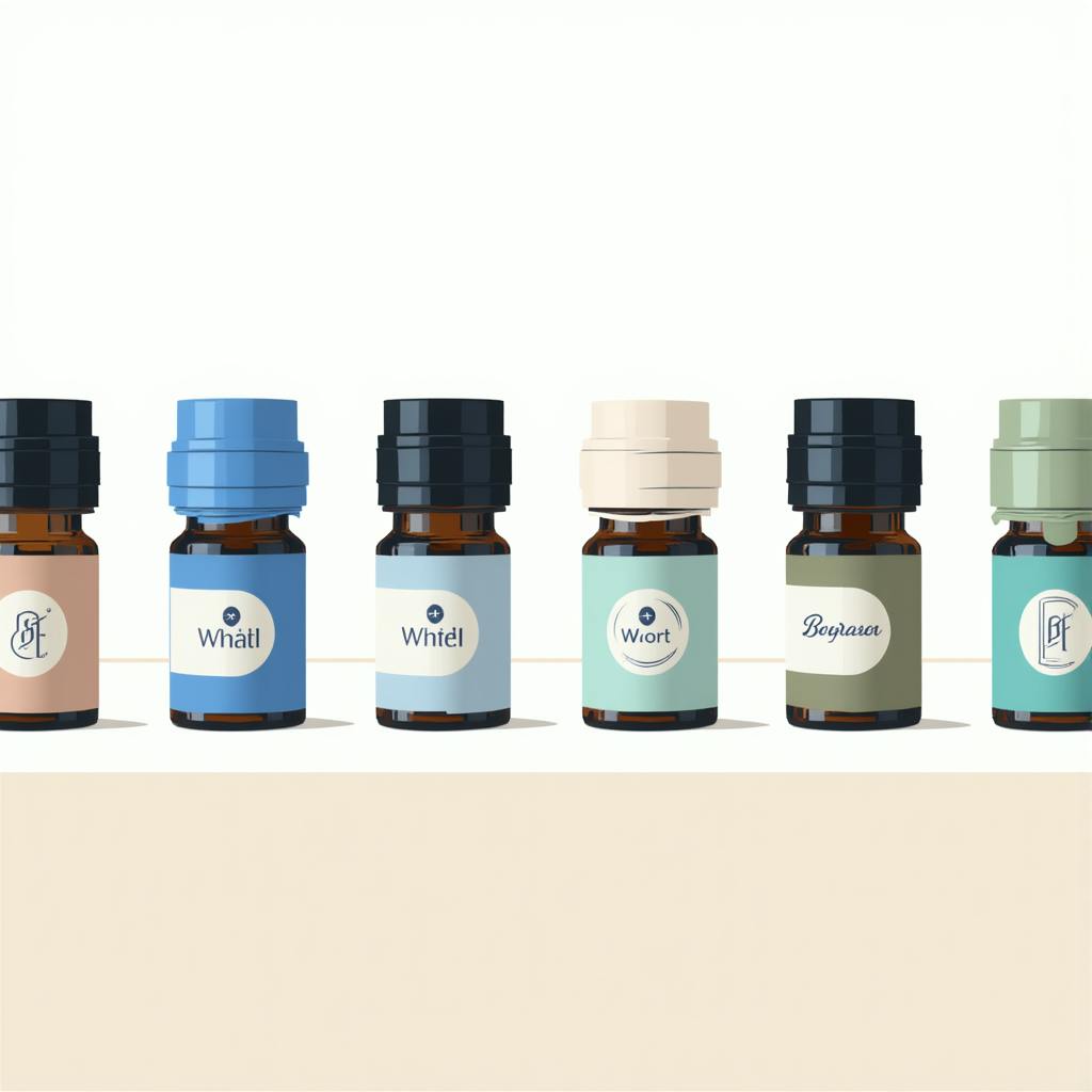 Lineup of uniquely labeled essential oil bottles, showcasing consistent design elements that strengthen brand recognition and create a lasting impression.