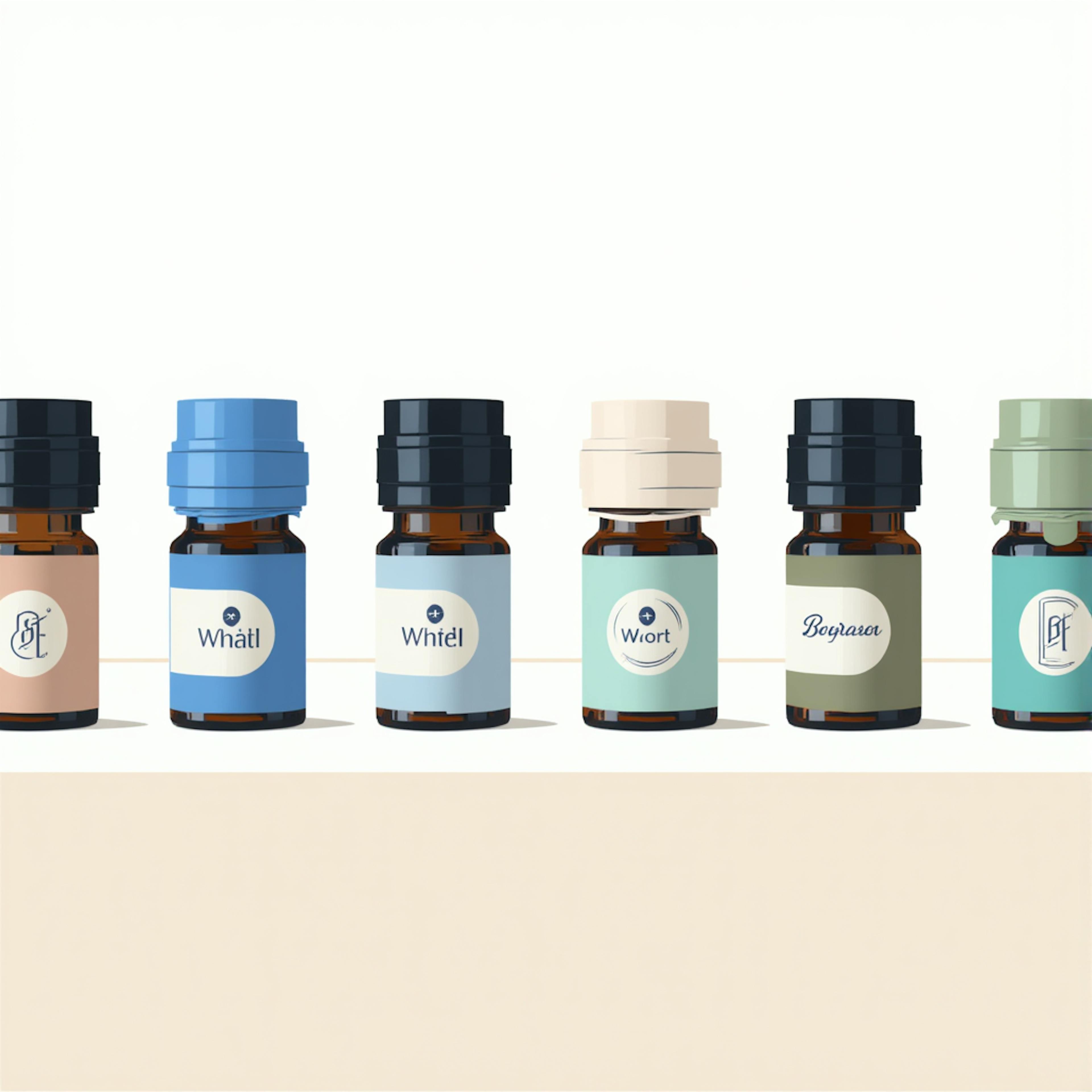 Lineup of uniquely labeled essential oil bottles, showcasing consistent design elements that strengthen brand recognition and create a lasting impression.
