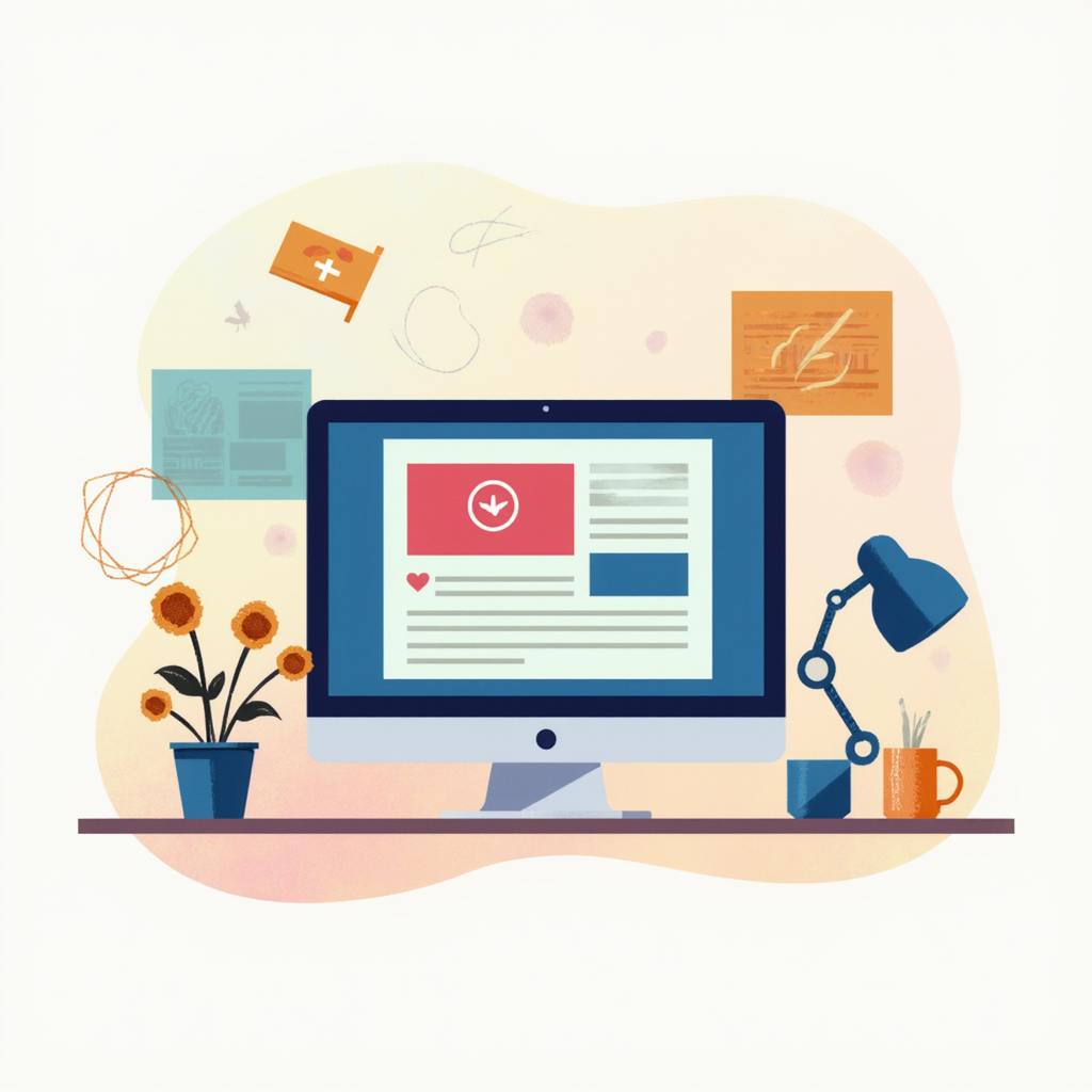 Stylized computer screen on a creative desk featuring web layouts and virtually branded graphics for online content creation.