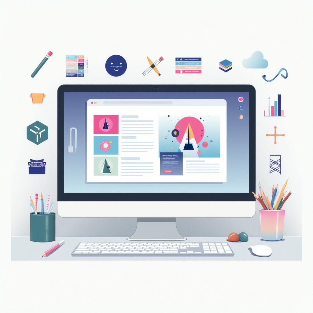 Desktop setup with colorful design elements and website mockups, illustrating the use of virtually branded graphics for branding projects.