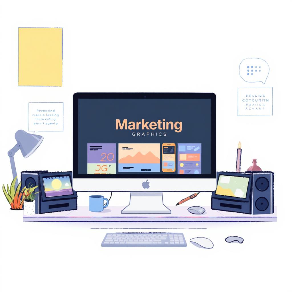 Modern workspace with a desktop computer displaying marketing visuals, showcasing virtually branded graphics for digital campaigns.