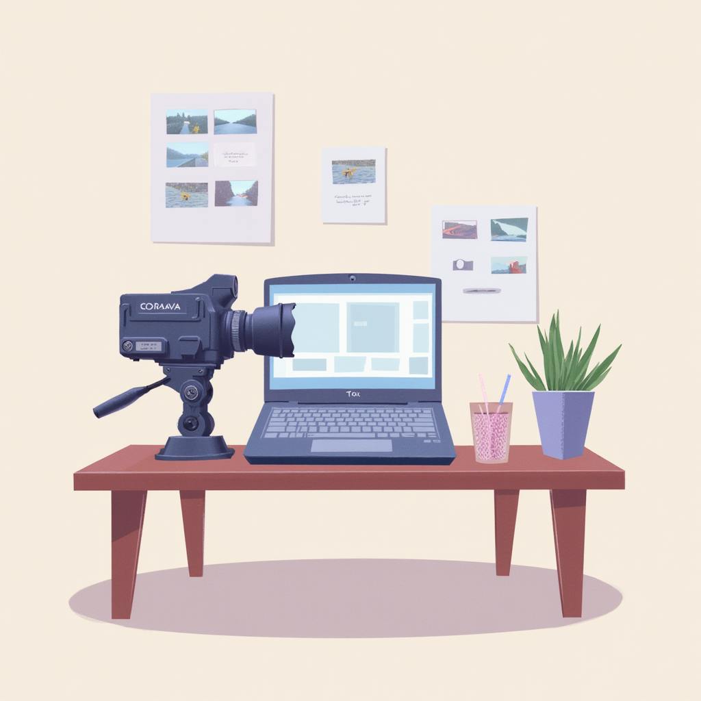 Camera and laptop on a desk with printed visuals on the wall, illustrating the concept of what is creative production in media projects.