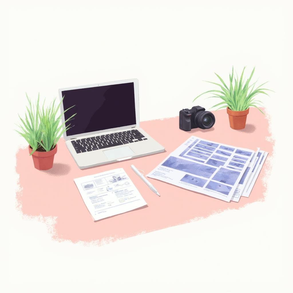 Laptop, camera, printed layouts, and plants on a workspace, representing planning and design stages in what is creative production.
