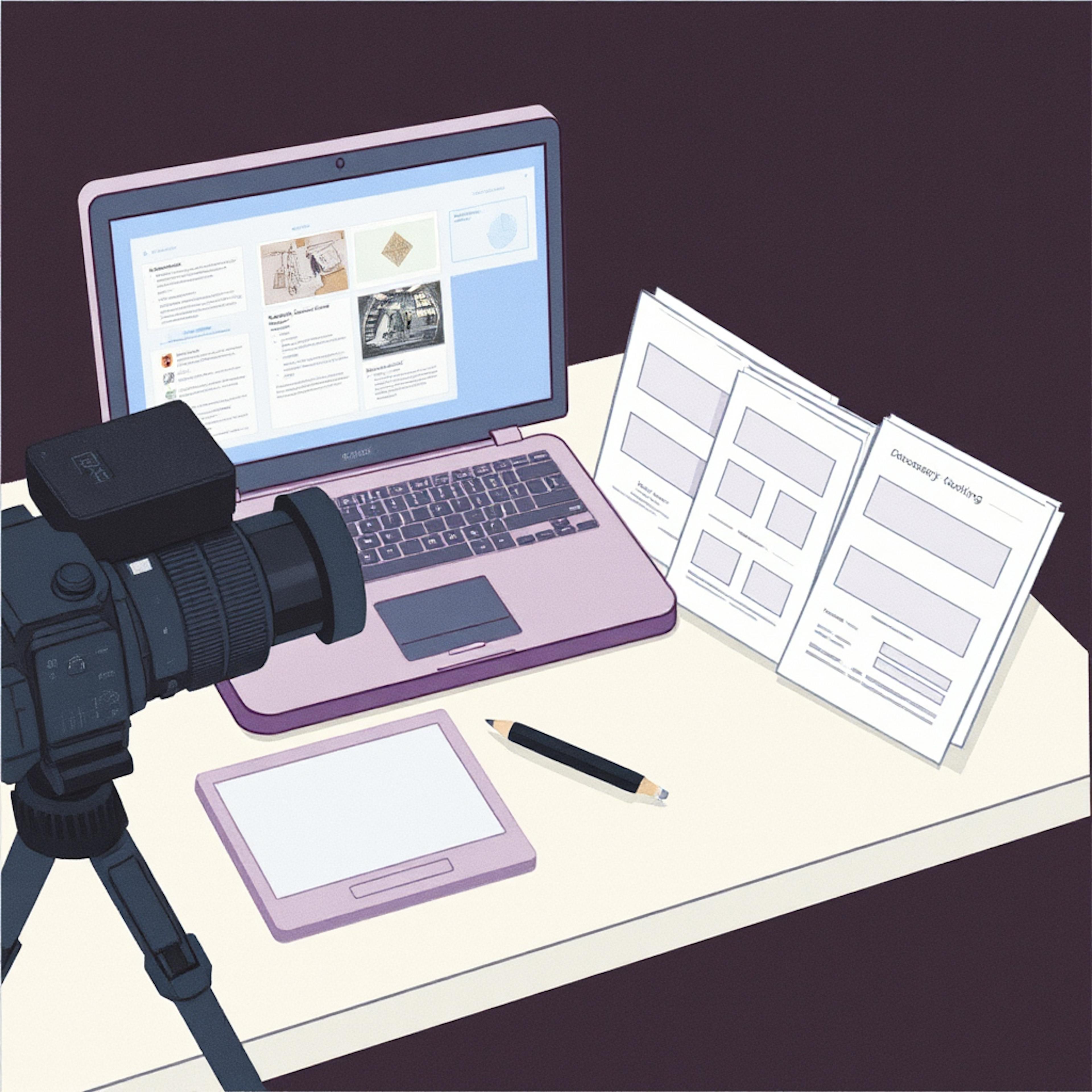 Camera, laptop, and storyboard documents on a desk, showing a behind-the-scenes view of what is creative production for digital content.