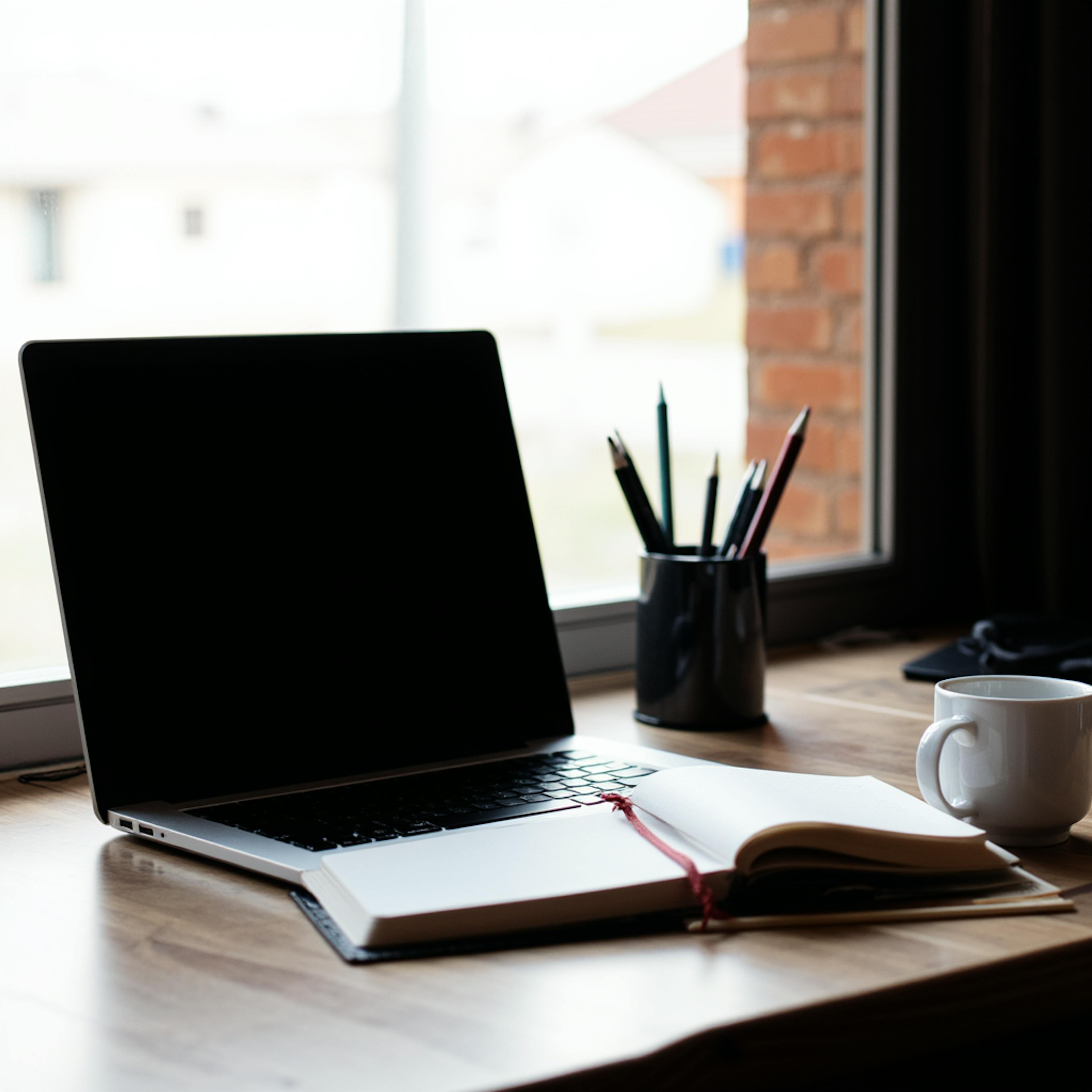 Open notebook, laptop, and mug on a desk by the window, featuring minimalistic writing tools for focused work sessions.