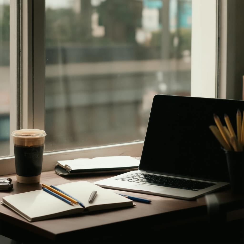 Workspace with laptop, notebooks, pencils, and iced coffee, highlighting practical writing tools for content creation and planning