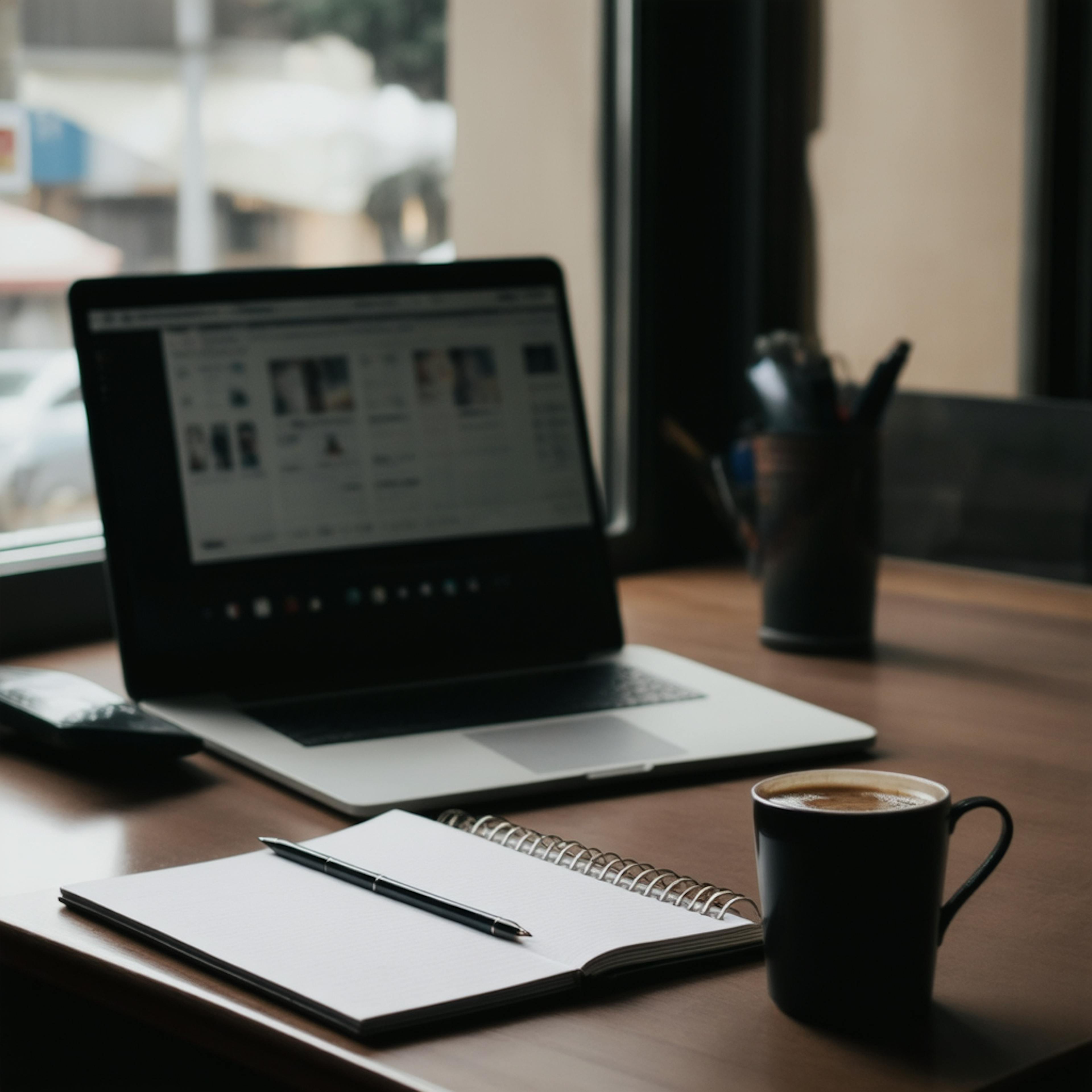 Laptop, notebook, pen, and coffee on a wooden desk by the window, showcasing essential writing tools for productivity and creativity