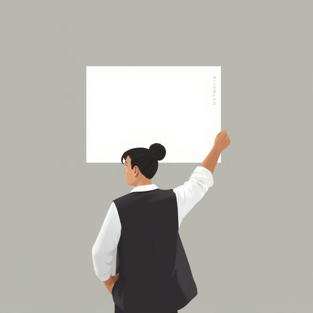 Illustration of a woman holding a blank board, symbolizing space for messages or campaigns as an example of multi-brand promotion.