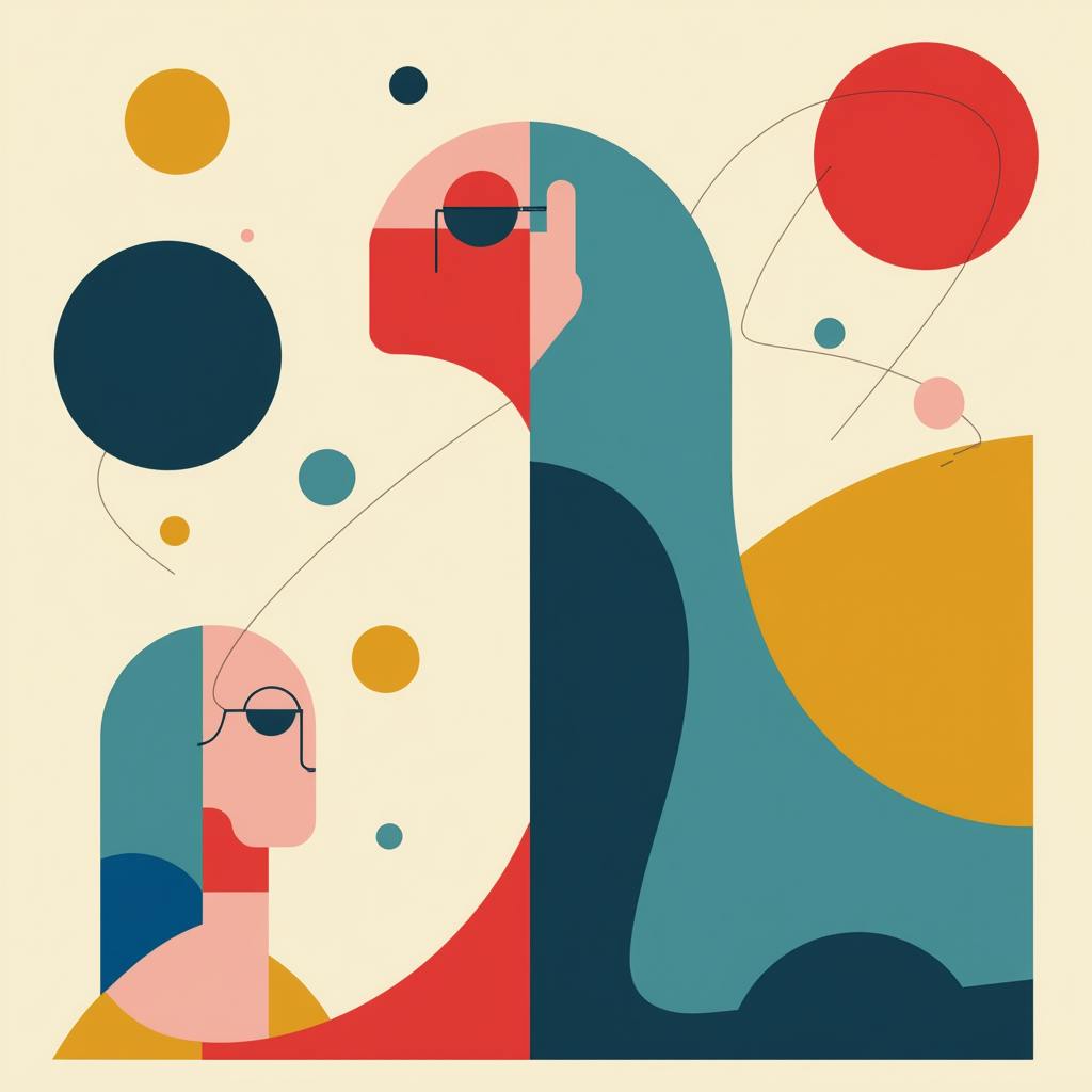 Abstract geometric artwork featuring human profiles, circles, and bold shapes, illustrating the elements of design space in visual composition.