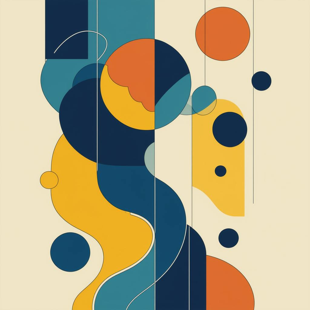 Colorful abstract art with flowing lines and layered circles, showcasing balance, rhythm, and contrast within the elements of design space.