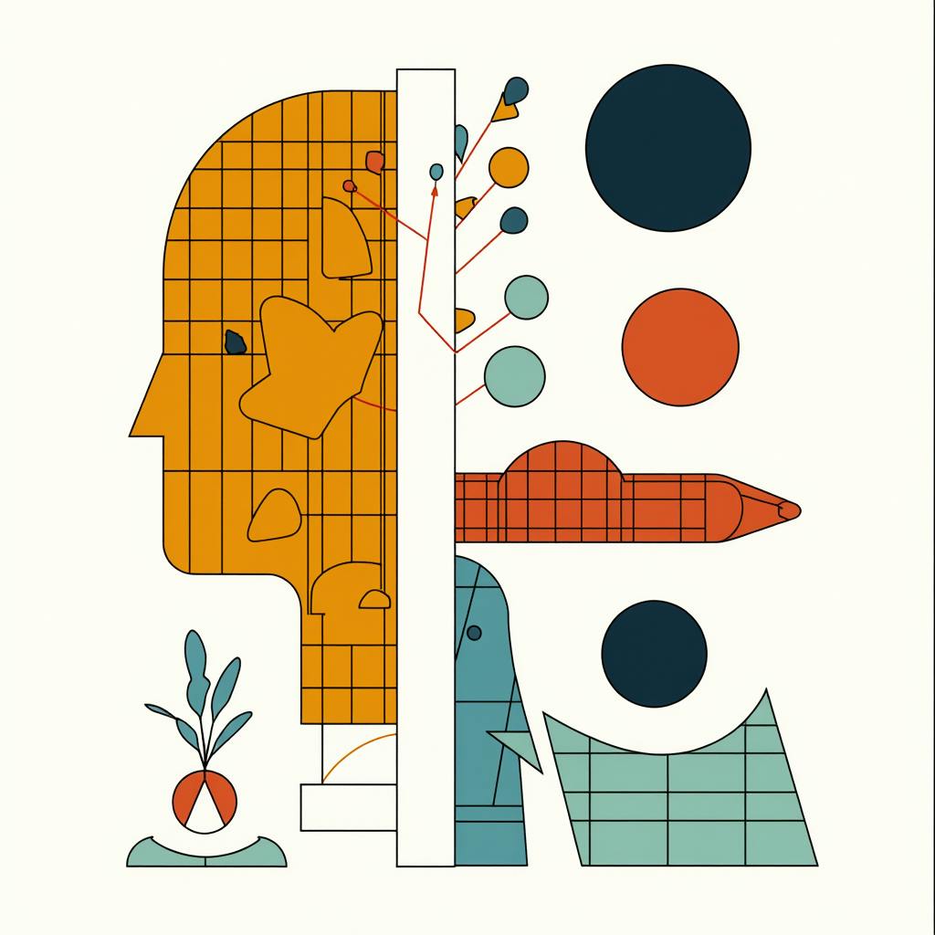 Modern abstract illustration of a head with grids, shapes, and branching lines, representing structure and flow in the elements of design space.