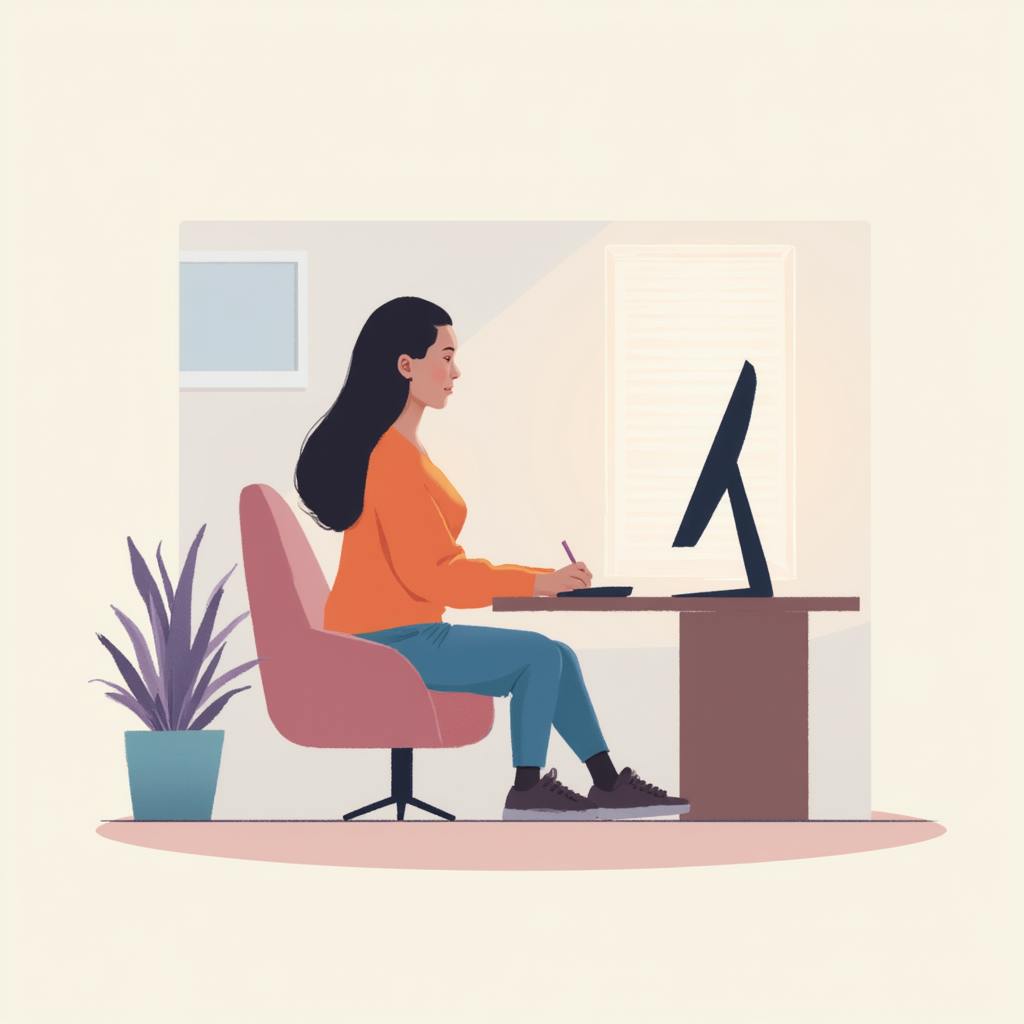 A woman in an orange sweater works at her desk with a computer, illustrating color, line, and shape as part of the 7 elements of design.