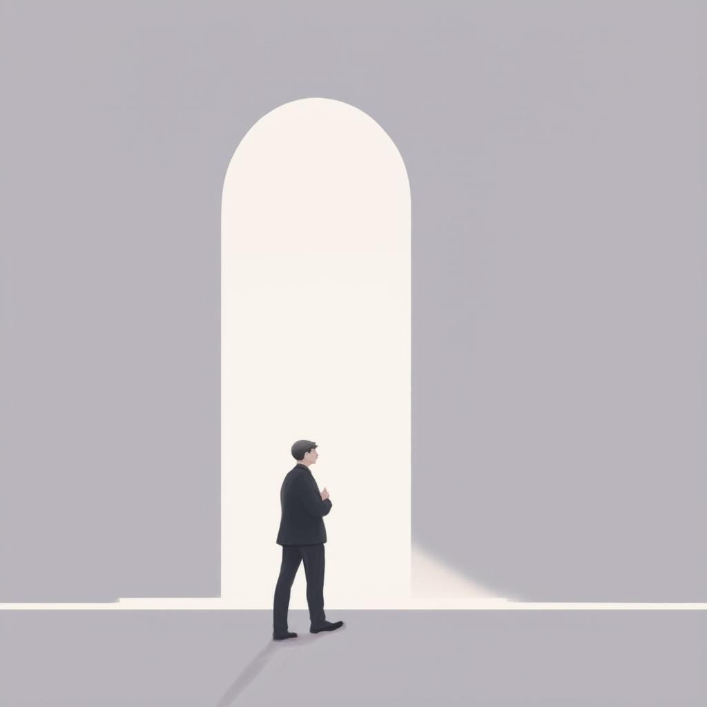 A man in a suit stands before a tall glowing doorway, symbolizing balance, space, and form in the 7 elements of design.