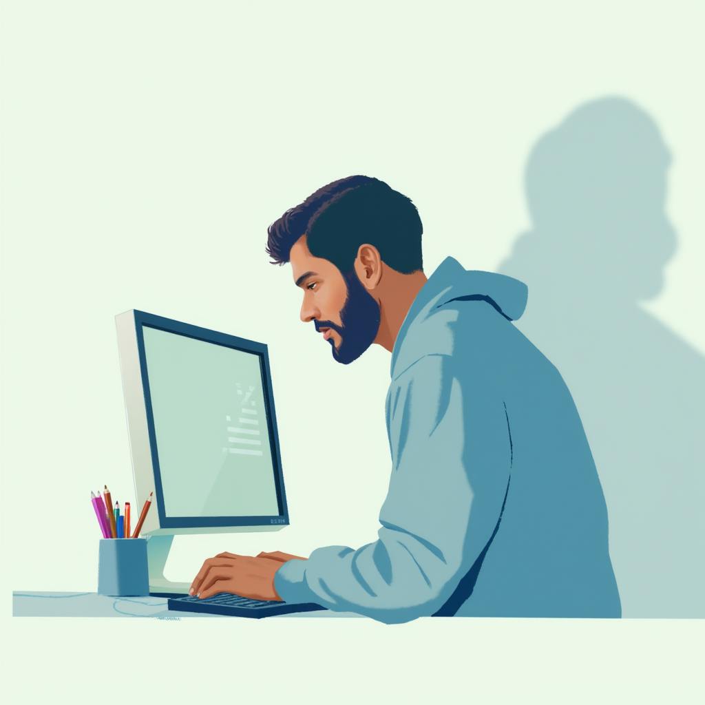 A man in a hoodie focuses on his computer, reflecting texture, value, and proportion within the 7 elements of design.