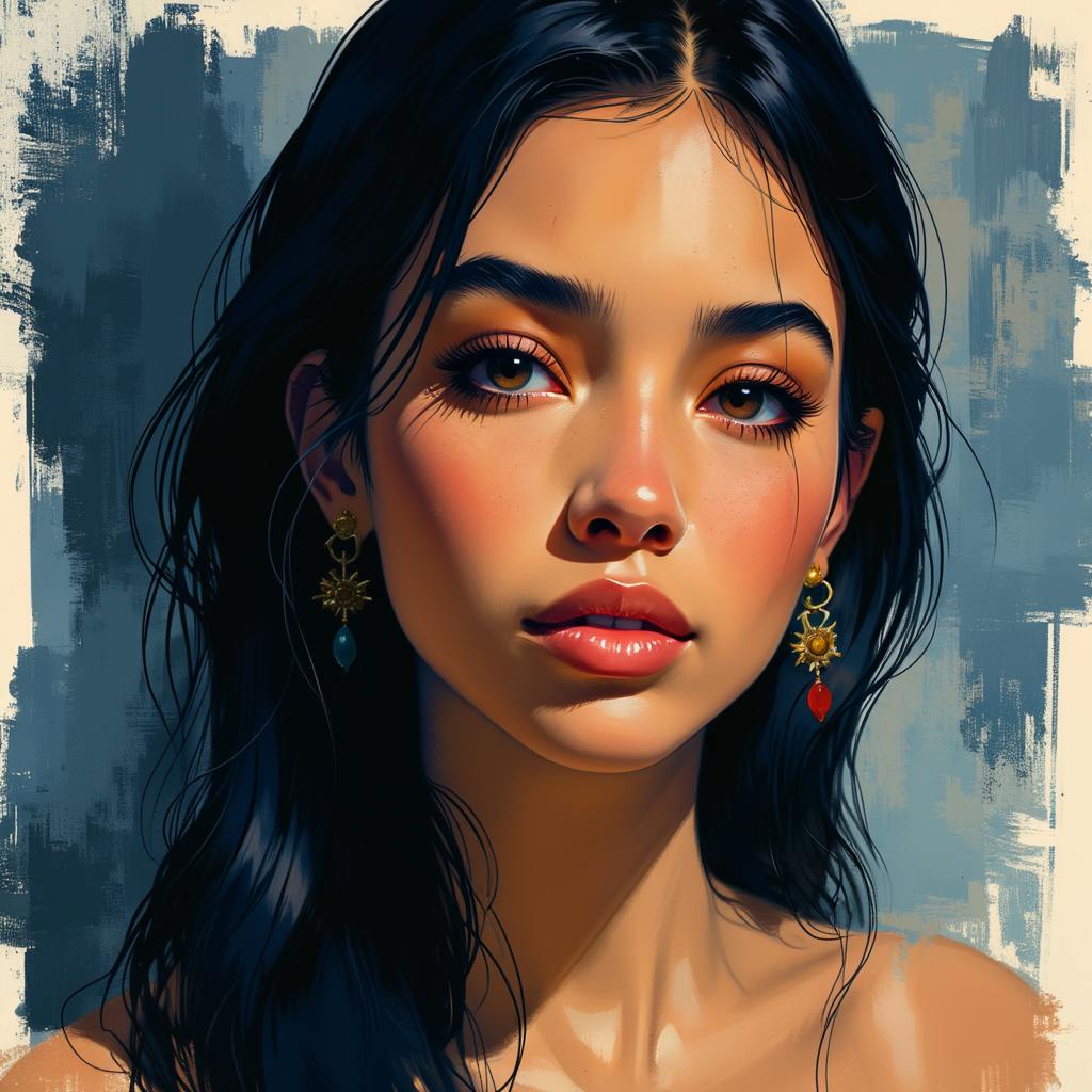 Digital painting of a woman wearing celestial-themed earrings, blending contemporary style with ancient iconography