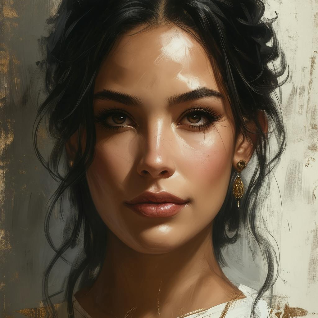 Hyper-realistic portrait of a woman with golden earrings reflecting elegance and ancient iconography influences.