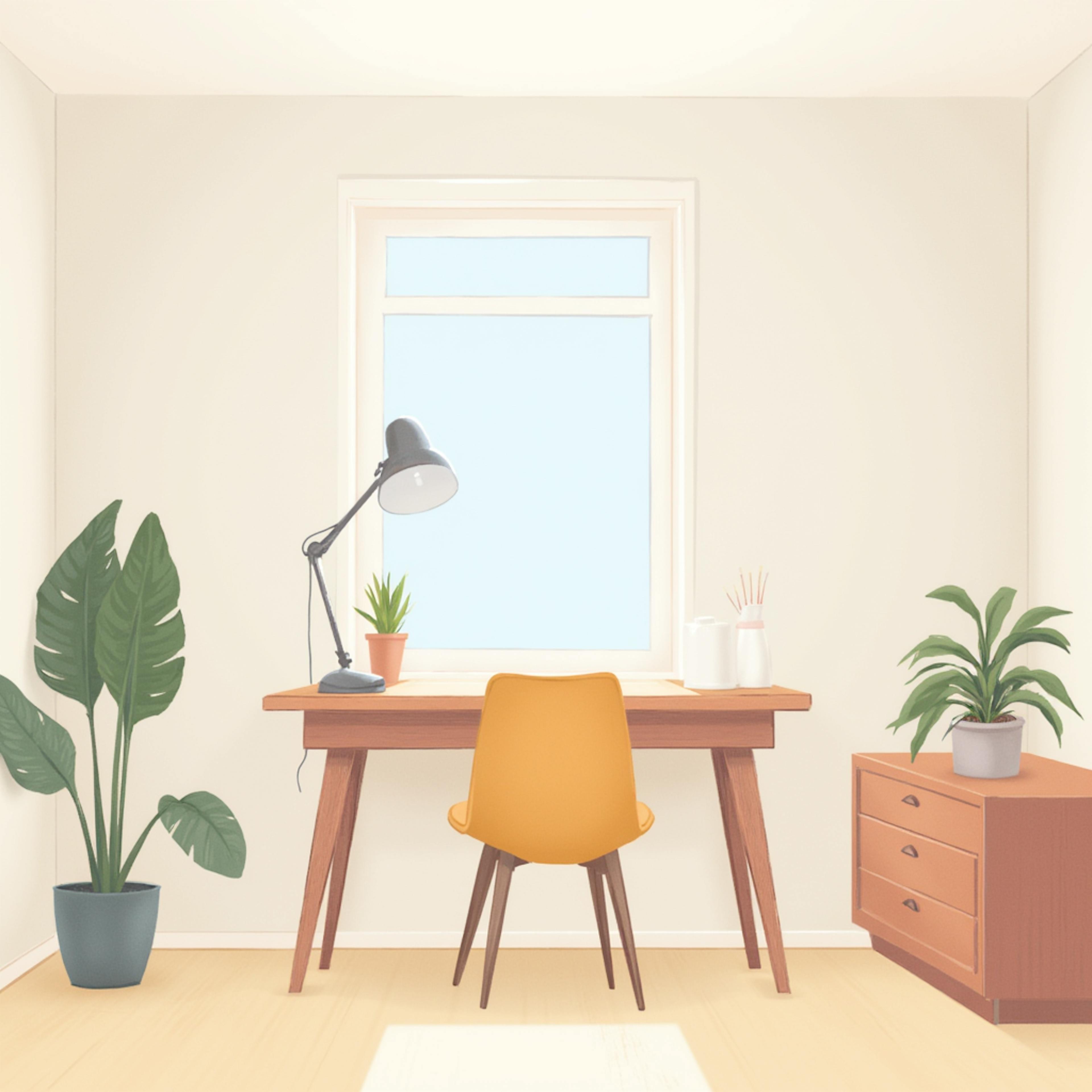 Minimalist workspace with a wooden desk, yellow chair, desk lamp, and indoor plants by a sunny window, showcasing clean aesthetics aligned with Best Design System Organization.