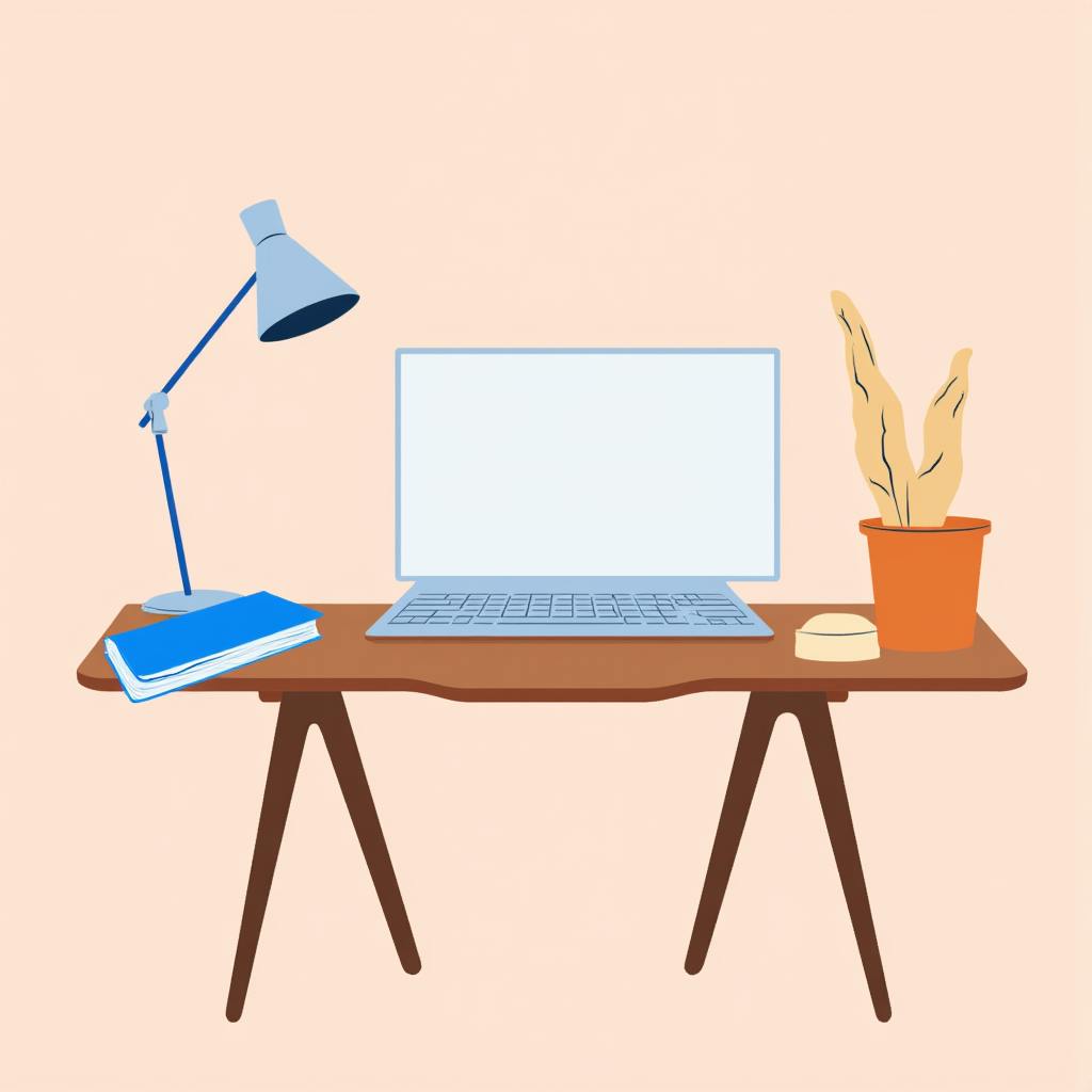 Flat design illustration of a tidy desk with a laptop, blue desk lamp, notebooks, and a plant in a pot, representing clarity and simplicity in Best Design System Organization