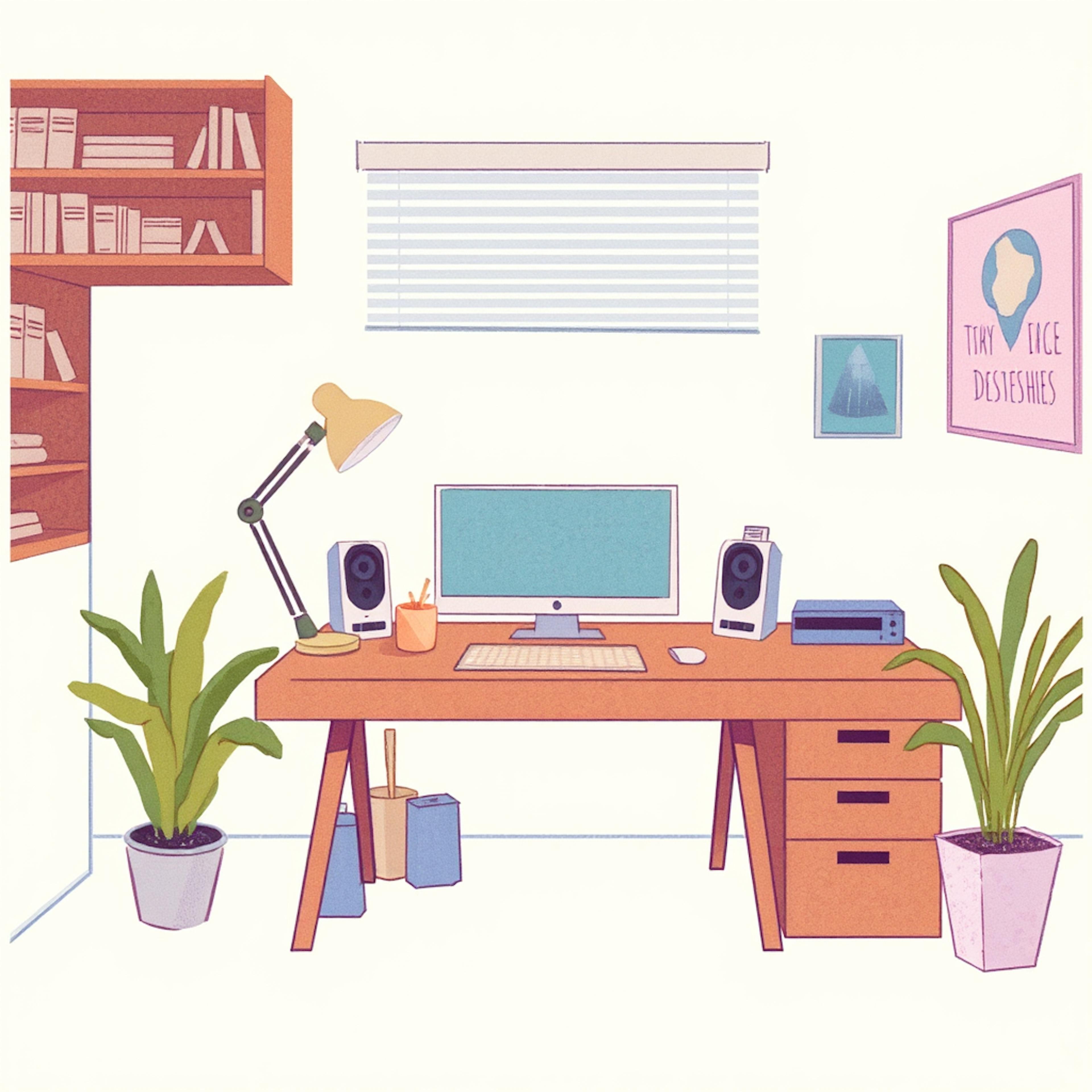 Illustration of a modern home office desk setup with a computer, desk lamp, bookshelf, and plants, reflecting principles of the Best Design System Organization in workspace layout.