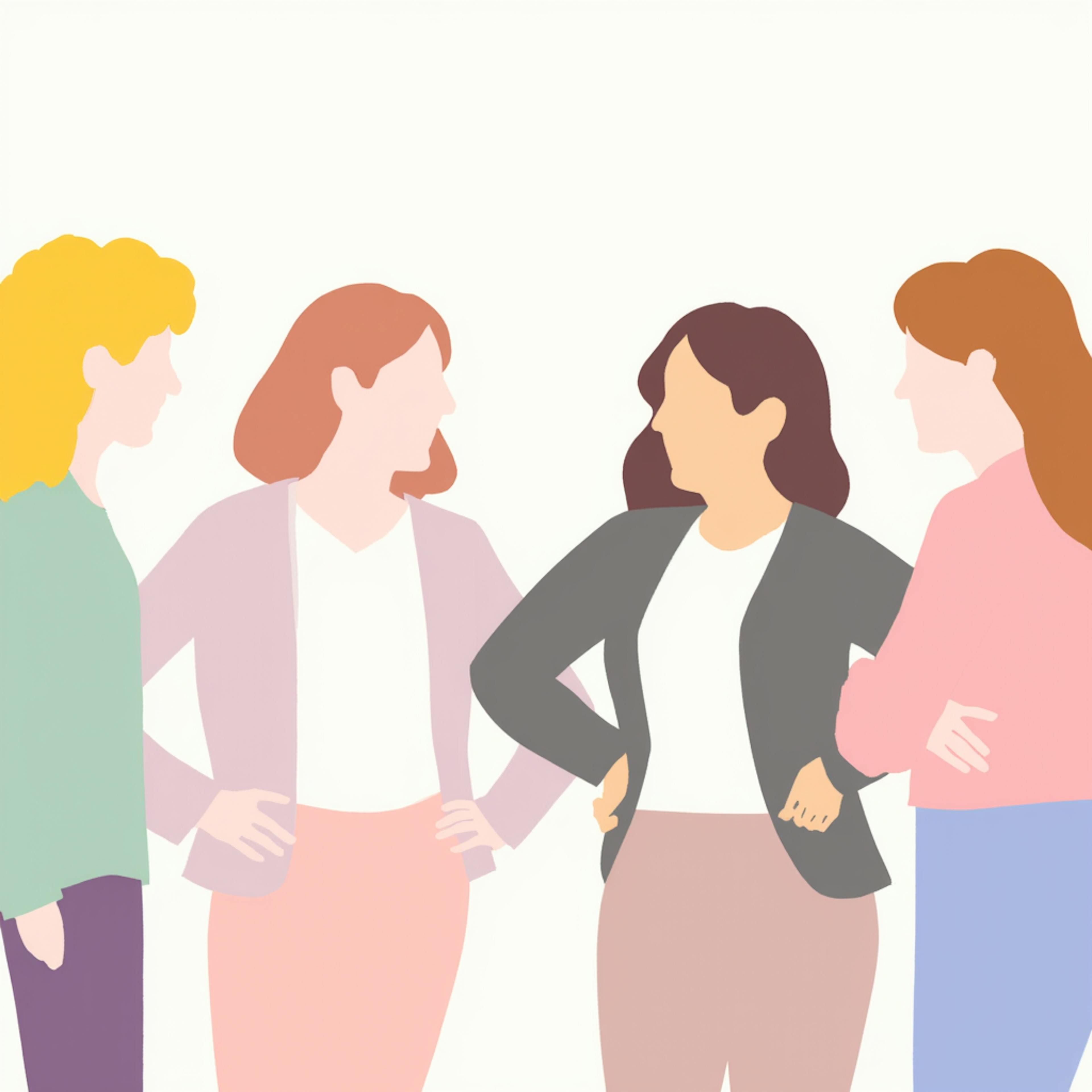 Illustration of four women in conversation, representing teamwork and how consistent brand tone strengthens collaboration and messaging.
