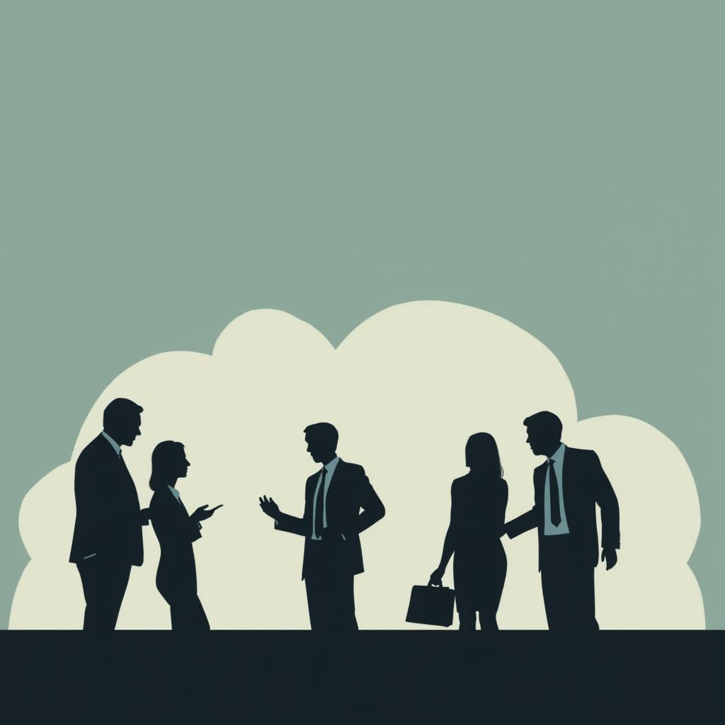 Silhouettes of business professionals in discussion, symbolizing communication strategies and the role of brand tone in professional settings.