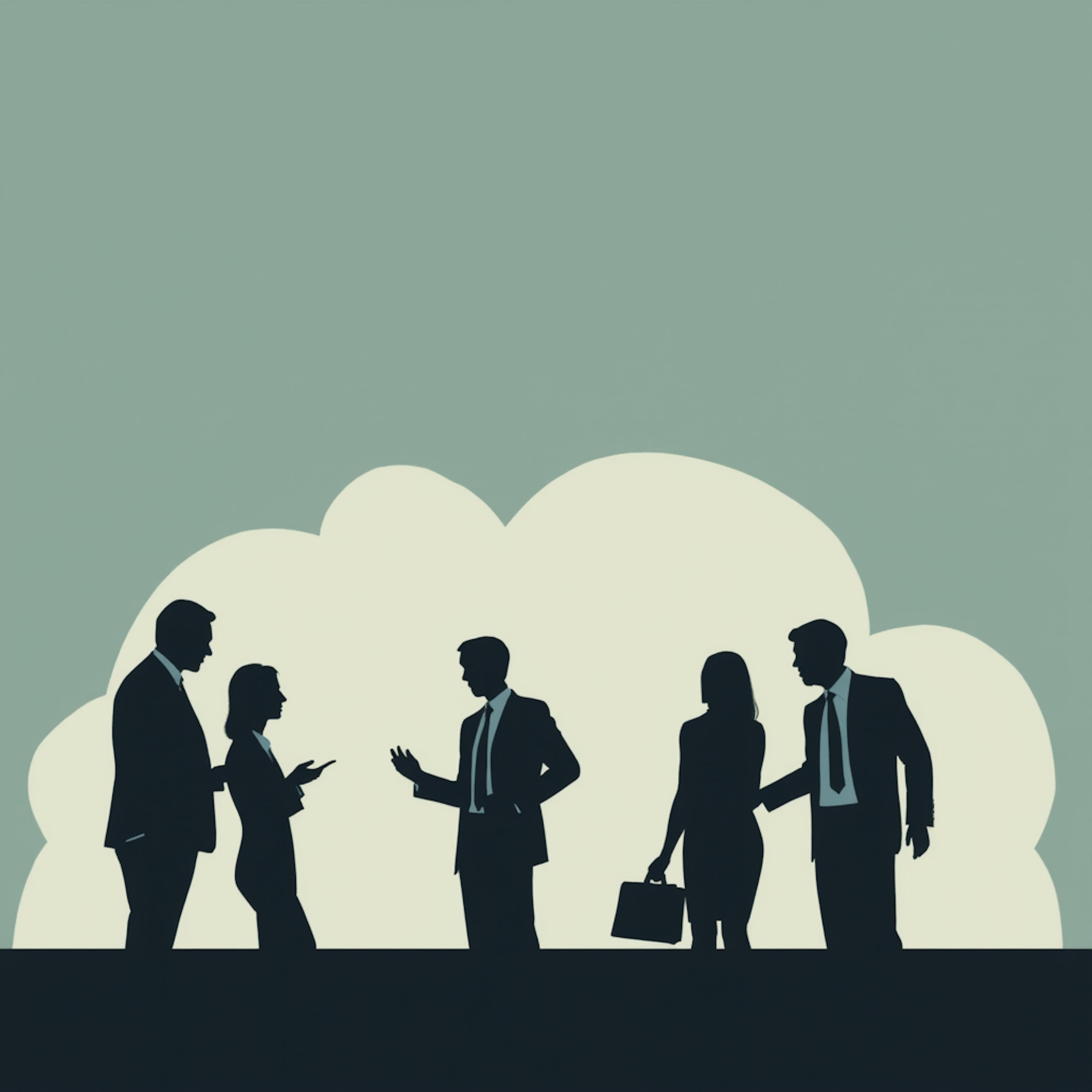 Silhouettes of business professionals in discussion, symbolizing communication strategies and the role of brand tone in professional settings.