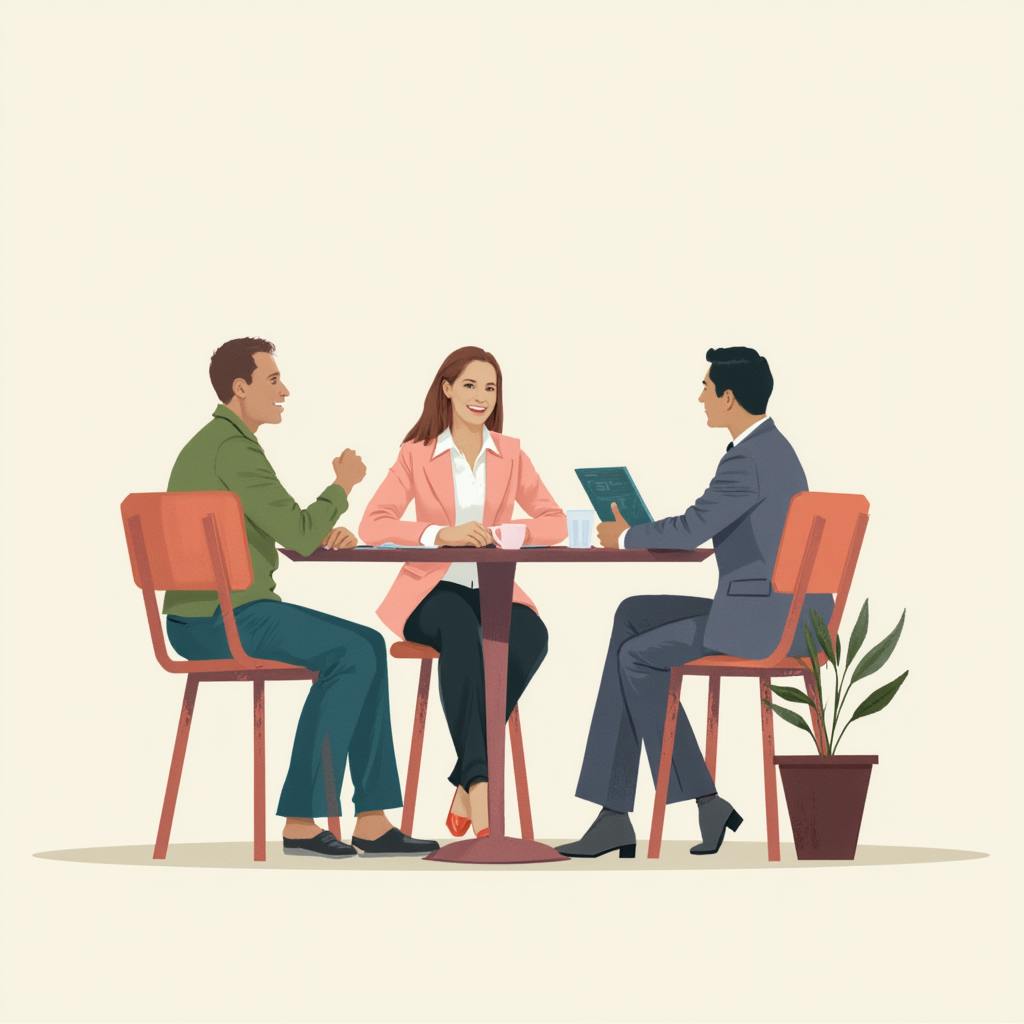 Illustration of three colleagues in a meeting, highlighting collaboration and the importance of aligning brand tone in business discussions.