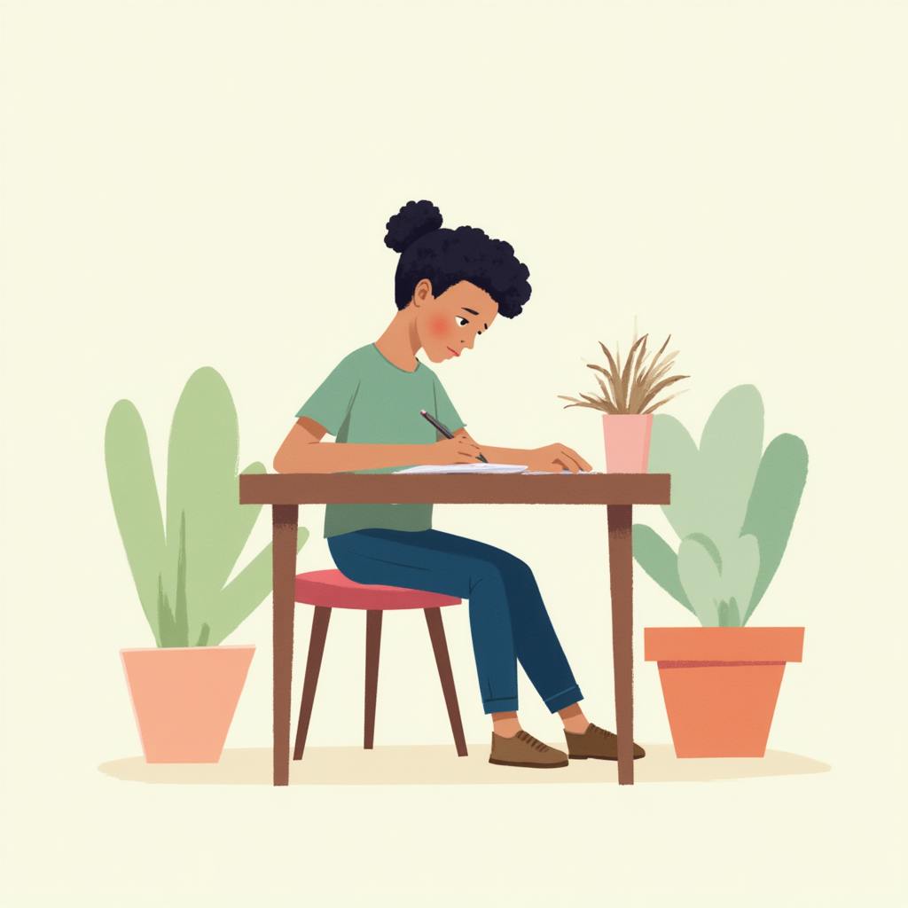Young student practicing design skills at a desk with plants, representing creativity and learning in graphic designer courses.