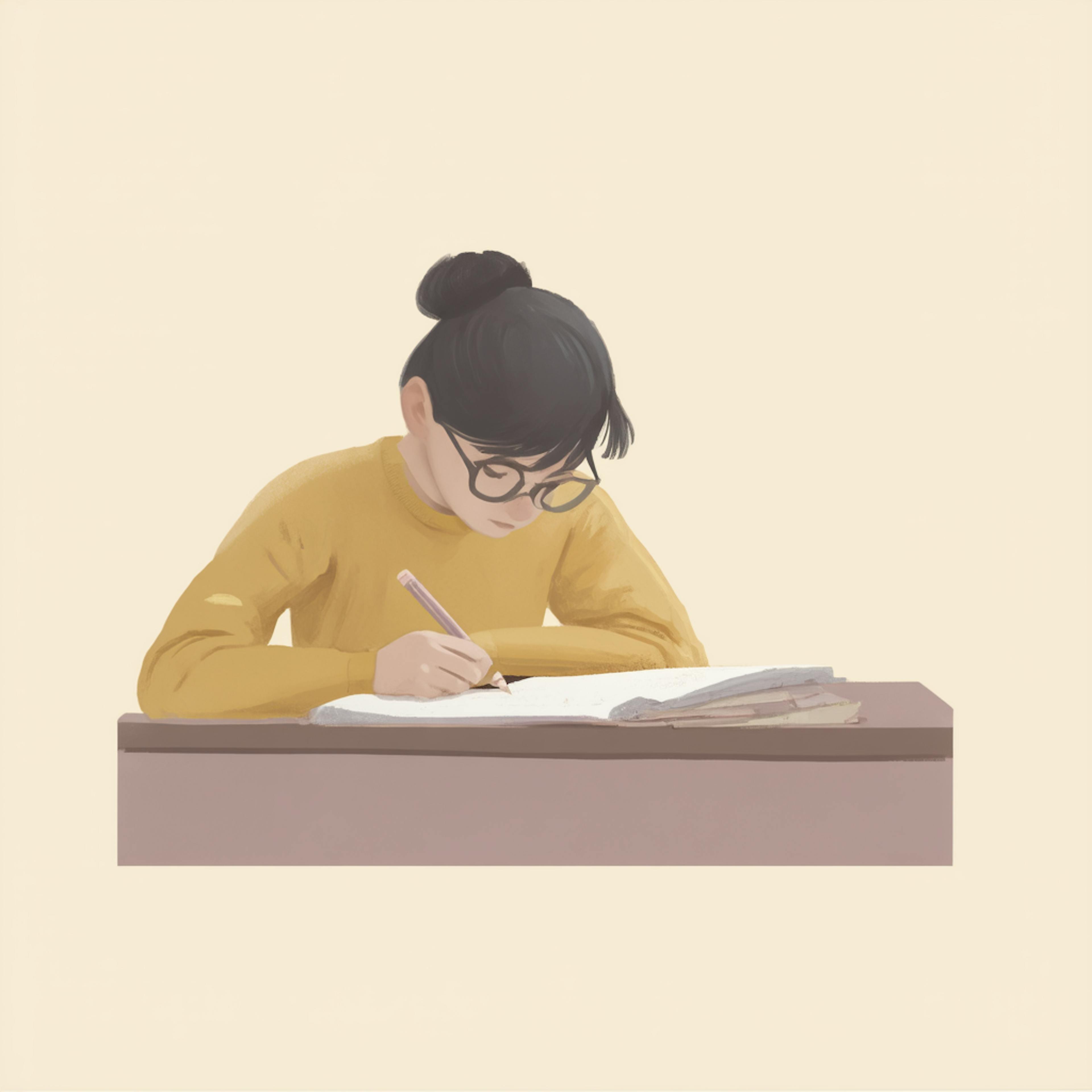 Student taking notes while studying design theory, symbolizing education and growth in graphic designer courses.