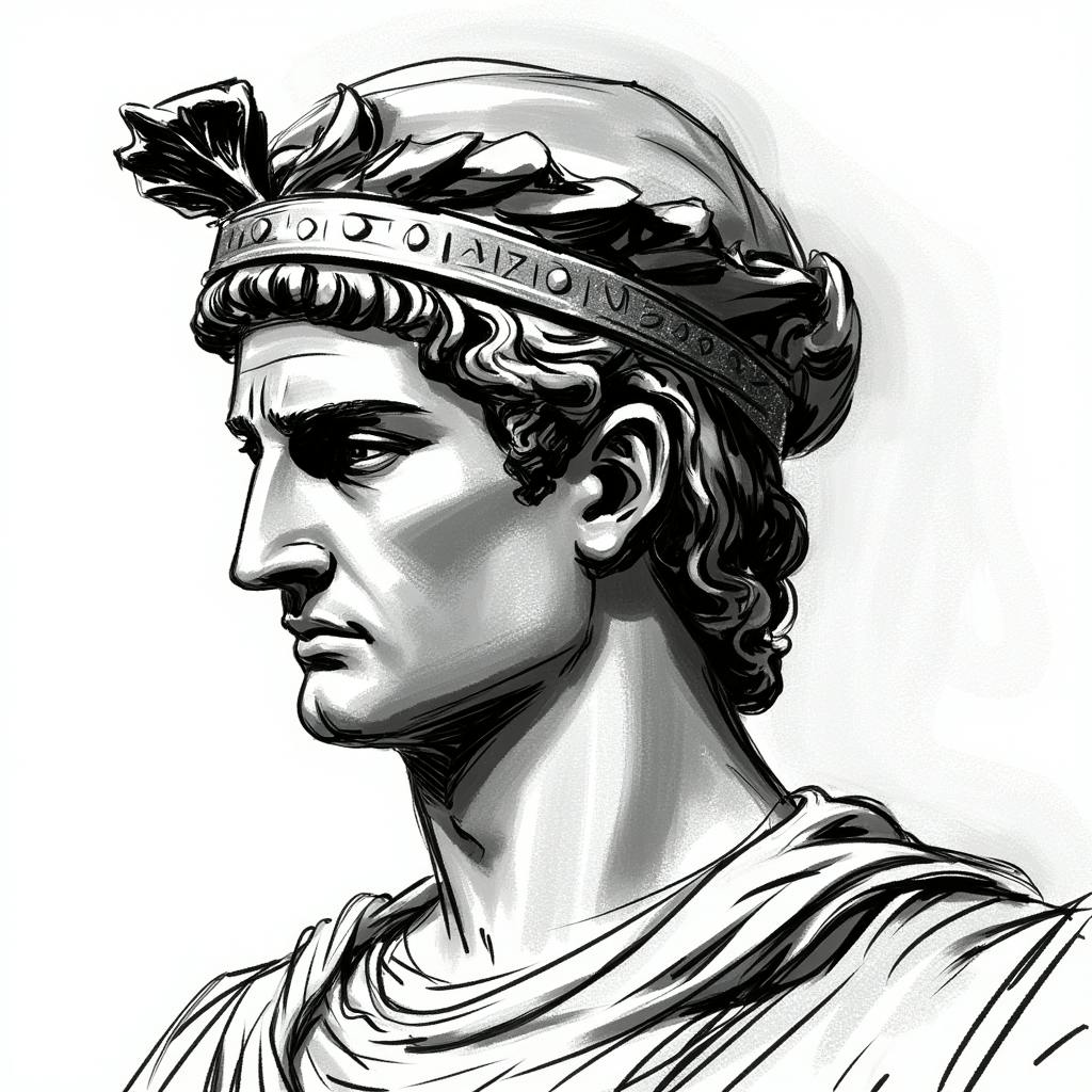 Detailed sketch of a Roman bust with laurel crown, symbolizing leadership and heritage in classical iconography