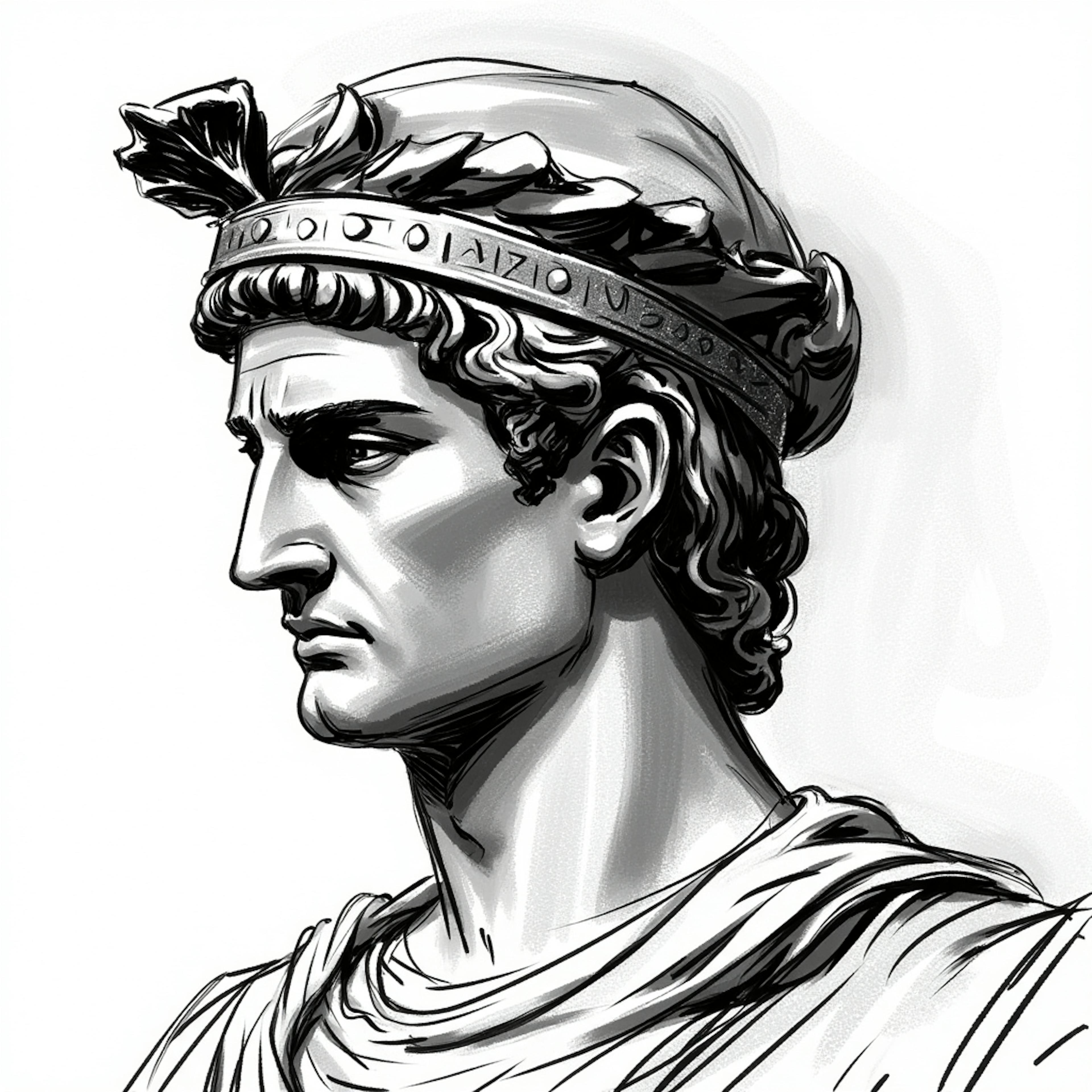 Detailed sketch of a Roman bust with laurel crown, symbolizing leadership and heritage in classical iconography