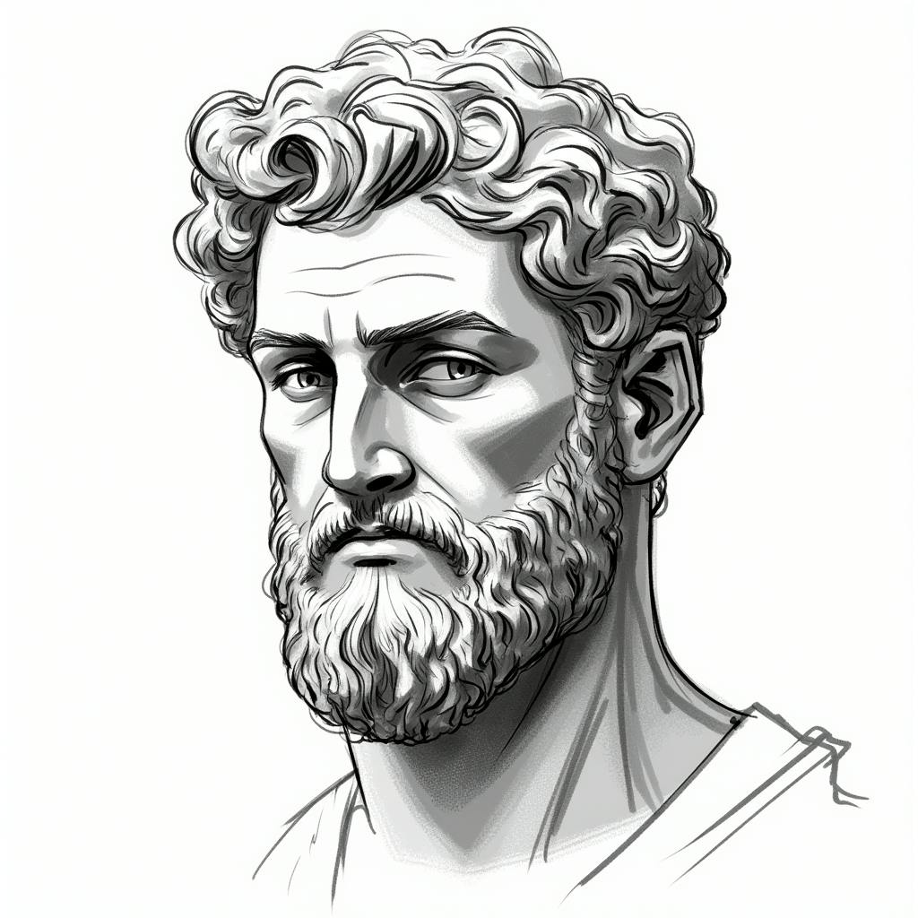Black and white sketch of a bearded Roman bust, depicting strength and wisdom in classical iconography.