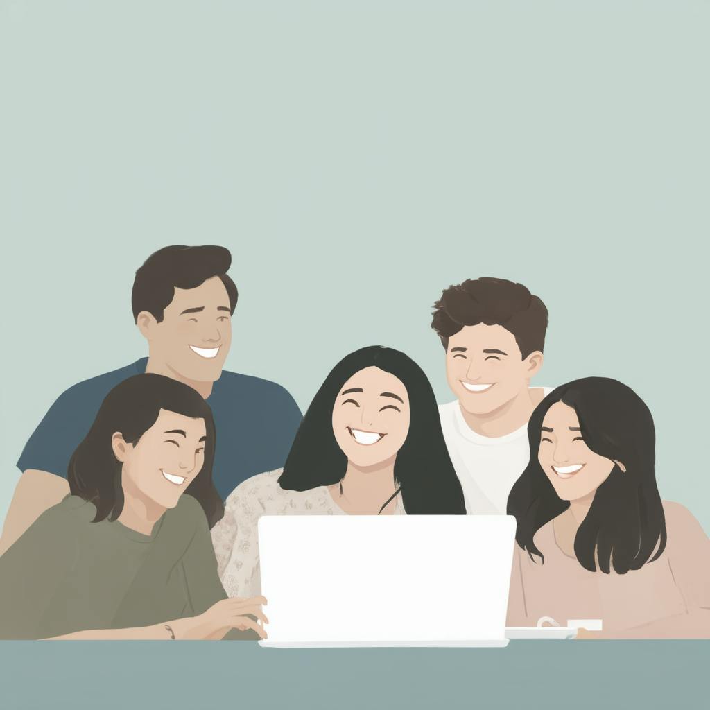 Group of smiling colleagues gathered around a laptop, reflecting collaboration and creativity in refining a Design System UX for better user experiences.