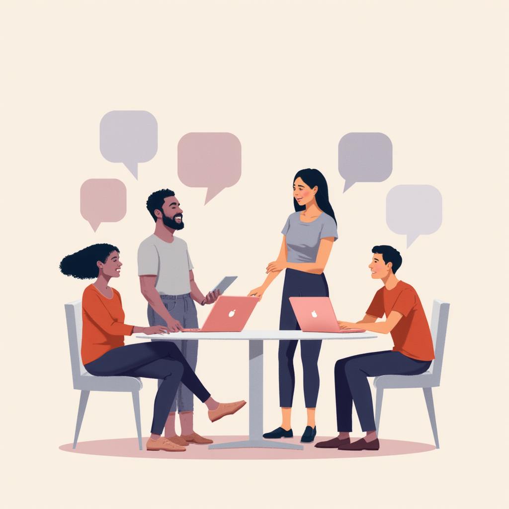 Team of professionals working together at a table with laptops, symbolizing teamwork and strategy in developing a scalable Design System UX.